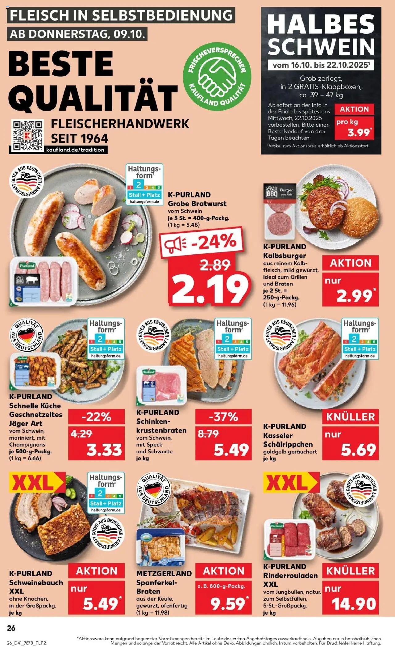 Kaufland prospekt Schorndorf	 – gültig ab 09.10.2025 | Seite: 26 | Produkte: Rinderrouladen, Bratwurst, Burger, Krustenbraten