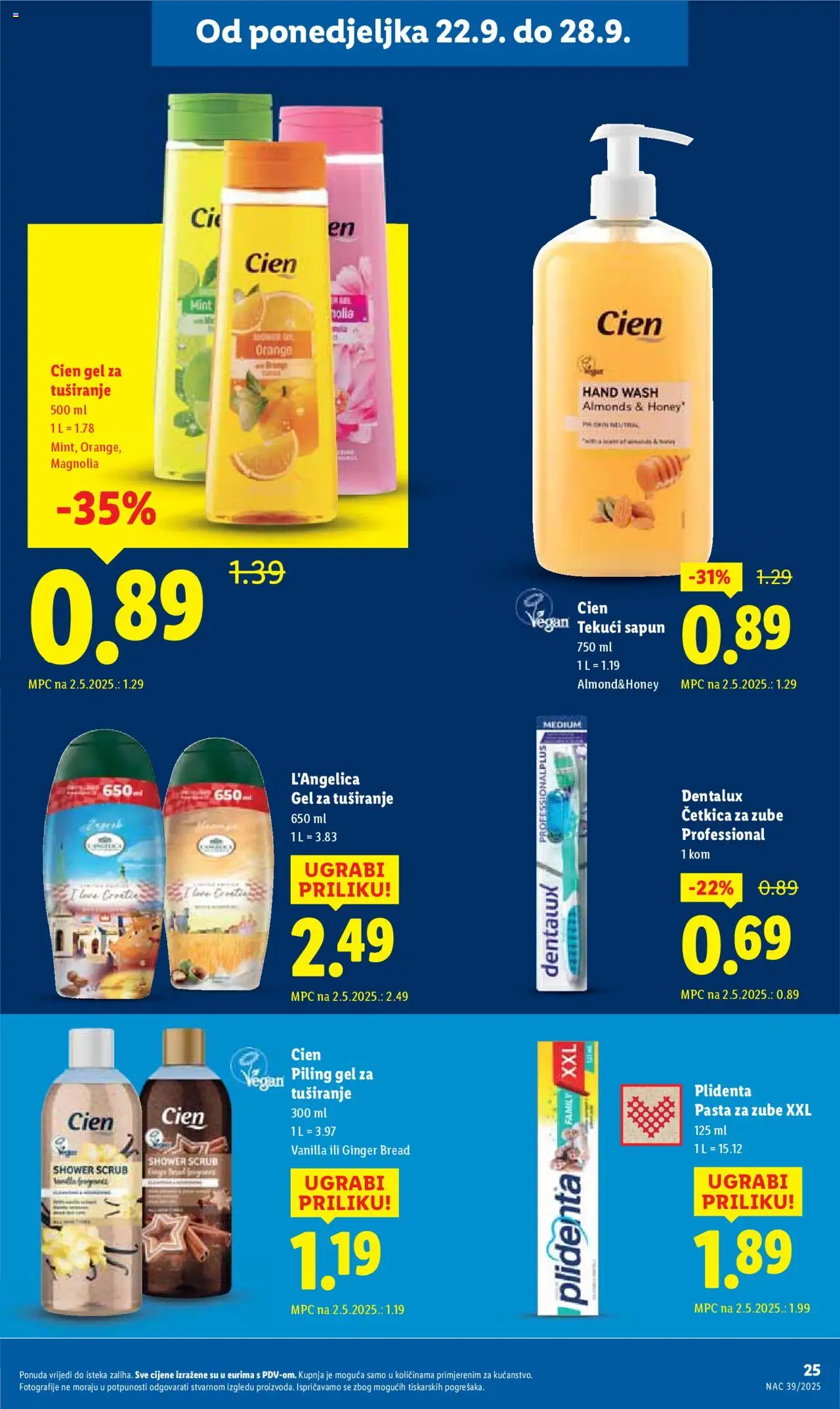 Lidl katalog | vrijedi od 22.09.2025 | Stranica: 25 | Proizvodi: Gel za tuširanje, Četkica za zube, Pasta, L'Angelica