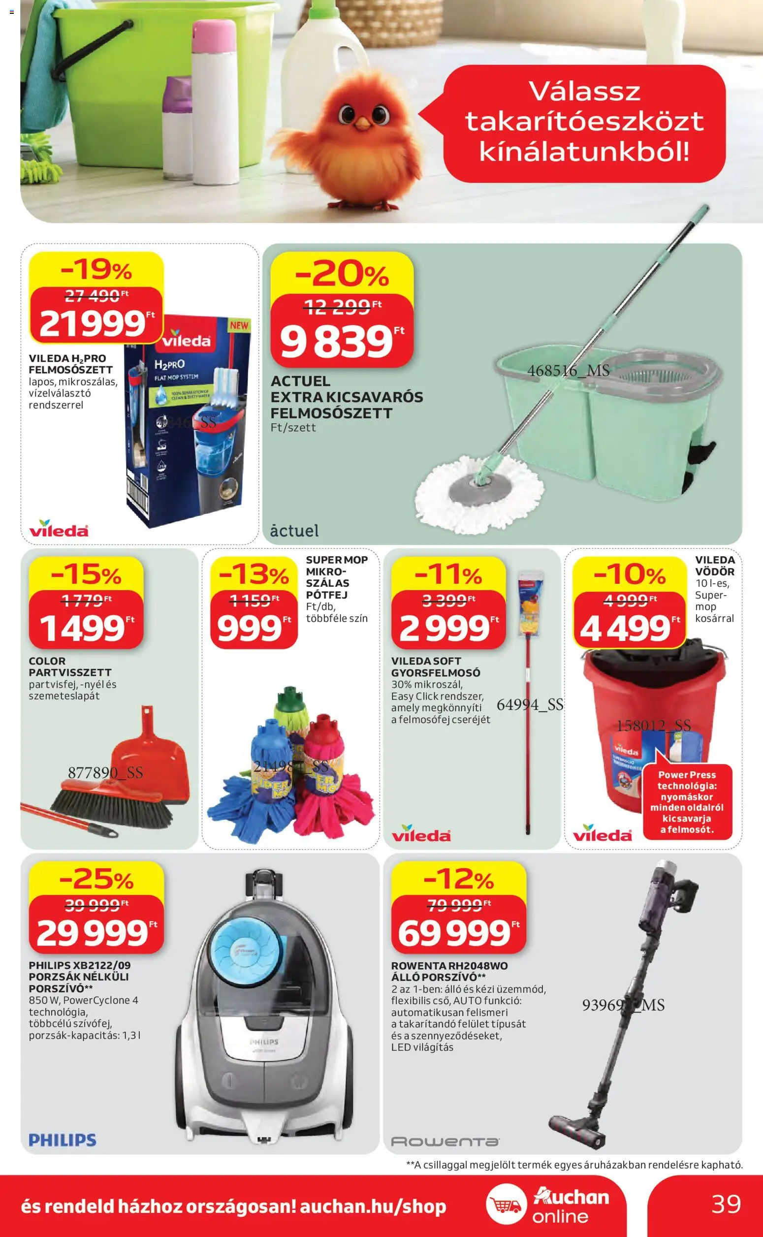 Auchan akciós ujság - amely érvényes a következő dátumtól: 30.04.2026 | Oldal: 39 | Termékek: Álló porszívó, Porszívó, Felmosófej, Vileda
