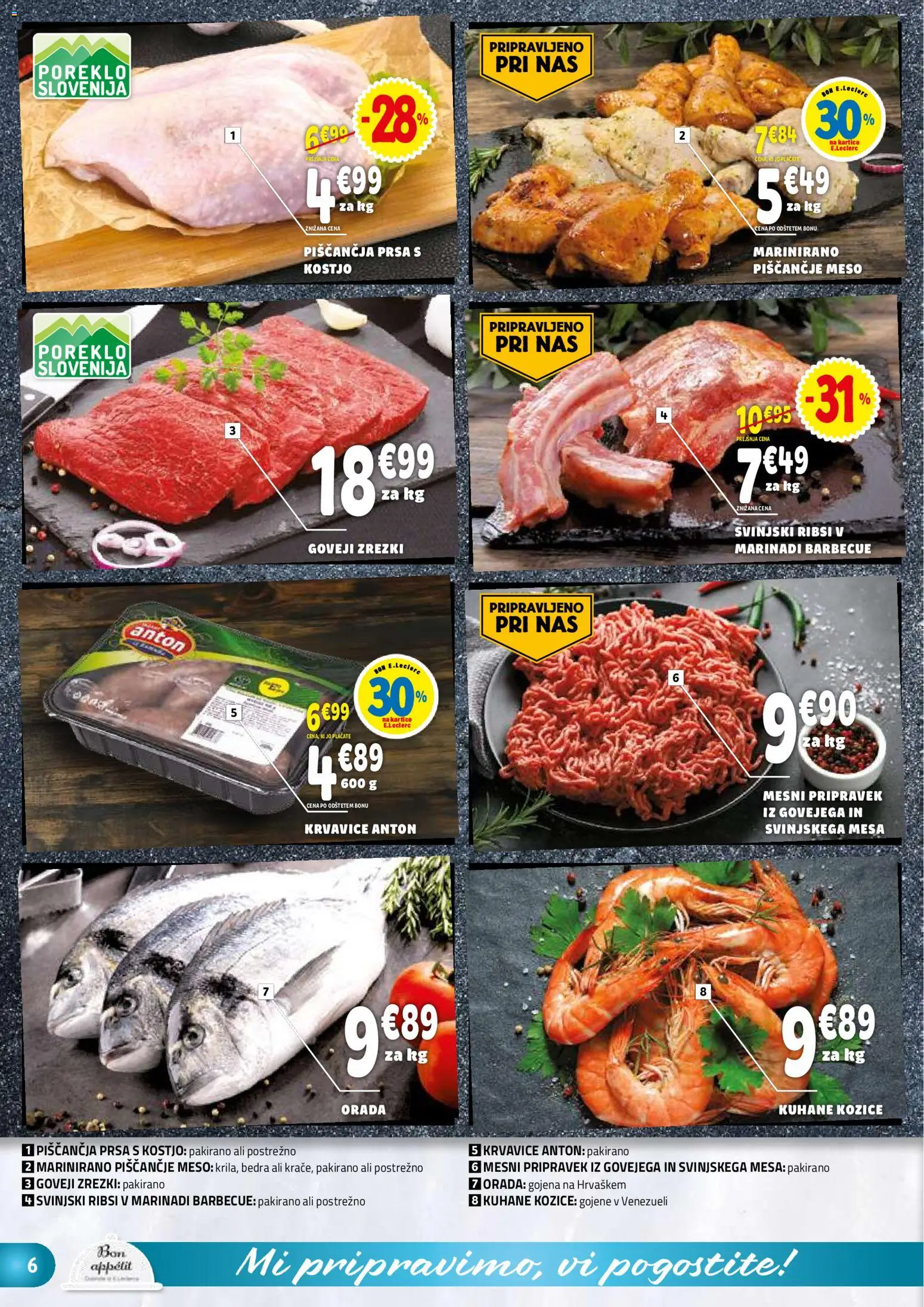 Novi E.leclerc katalog ponudbe – veljaven od 28.01.2026 | Stran: 6 | Izdelki: Kozice, Zrezki, Orada, Piscancje meso