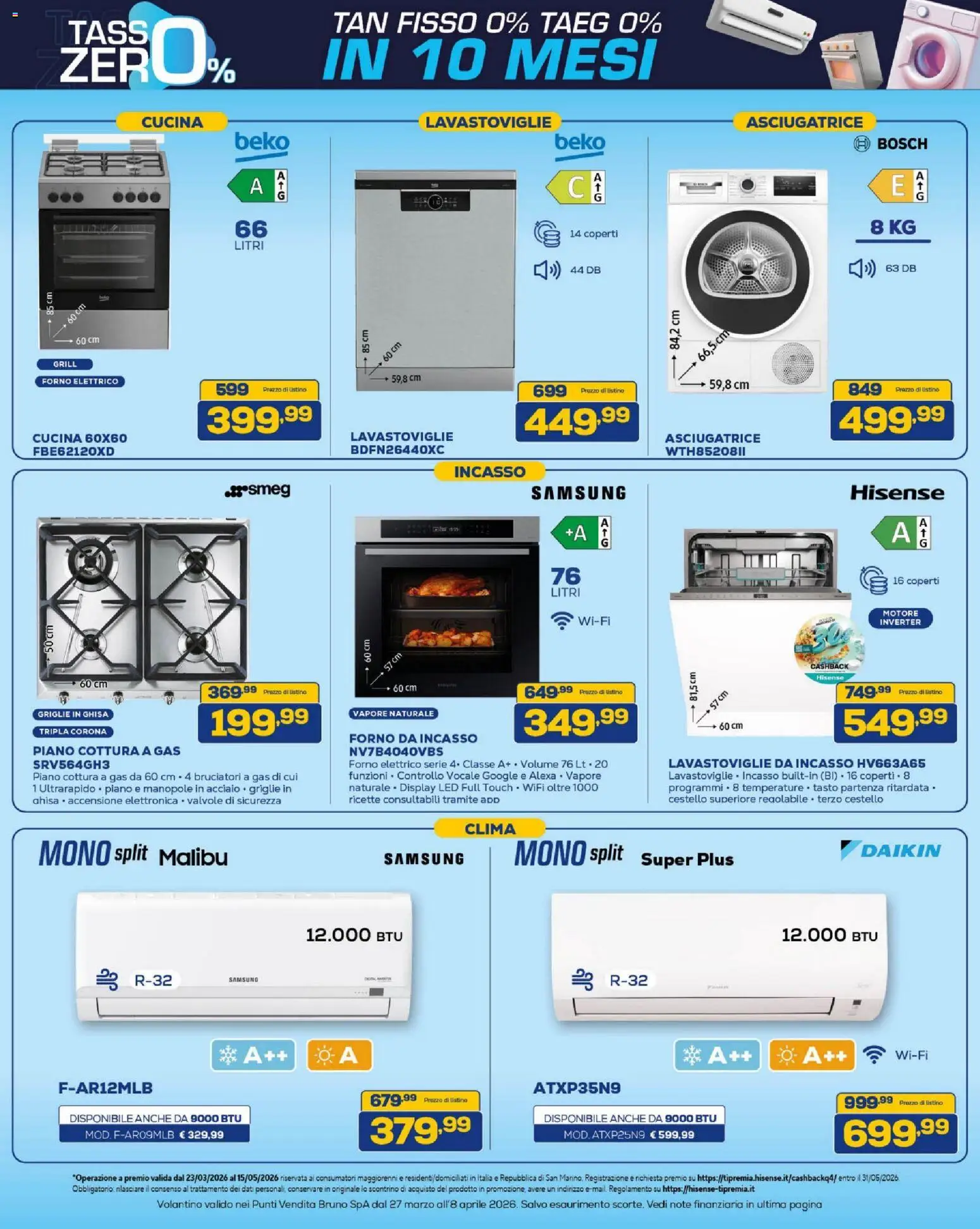 Volantino BRUNO del 27.03.2026 | Pagina: 12 | Prodotti: Lavastoviglie da incasso, Piano cottura, Asciugatrice, Samsung