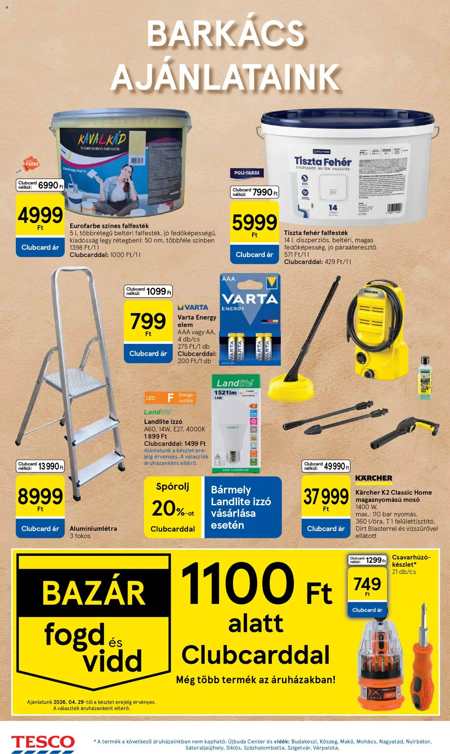 Tesco akciós ujság - amely érvényes a következő dátumtól: 29.04.2026 | Oldal: 14 | Termékek: Izzó, Csavarhúzó, Magasnyomású mosó