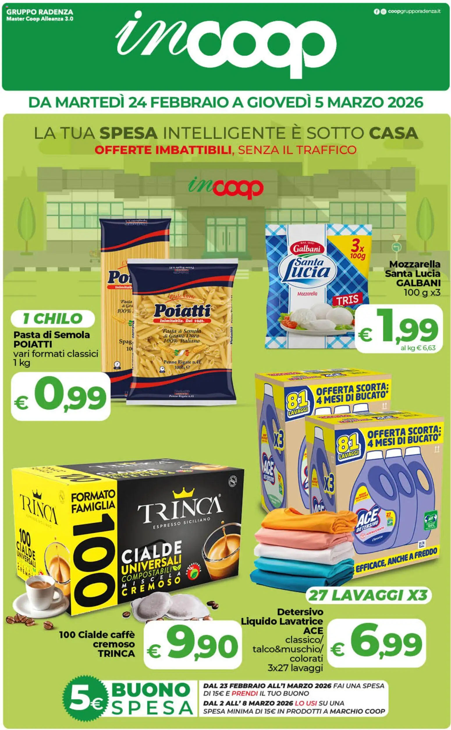 Volantino COOP del 24.02.2026 | Pagina: 1 | Prodotti: Mozzarella, Pasta, Lavatrice, Penne