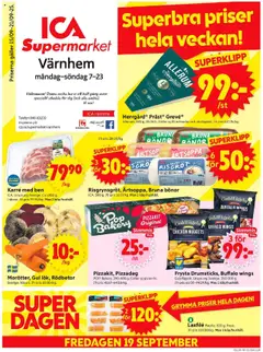 ICA Supermarket reklamblad aktuell från 15.09.2025 | Sida: 1 | Produkter: Galler, Pizzakit, Telefon, Bönor