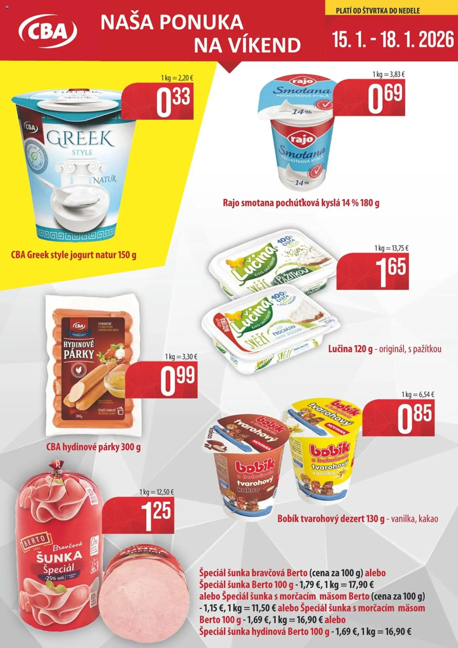 Nové Sintra akcie – leták je platný od 15.01.2026 | Strana: 1 | Produkty: Šunka, Smotana, Párky, Kakao