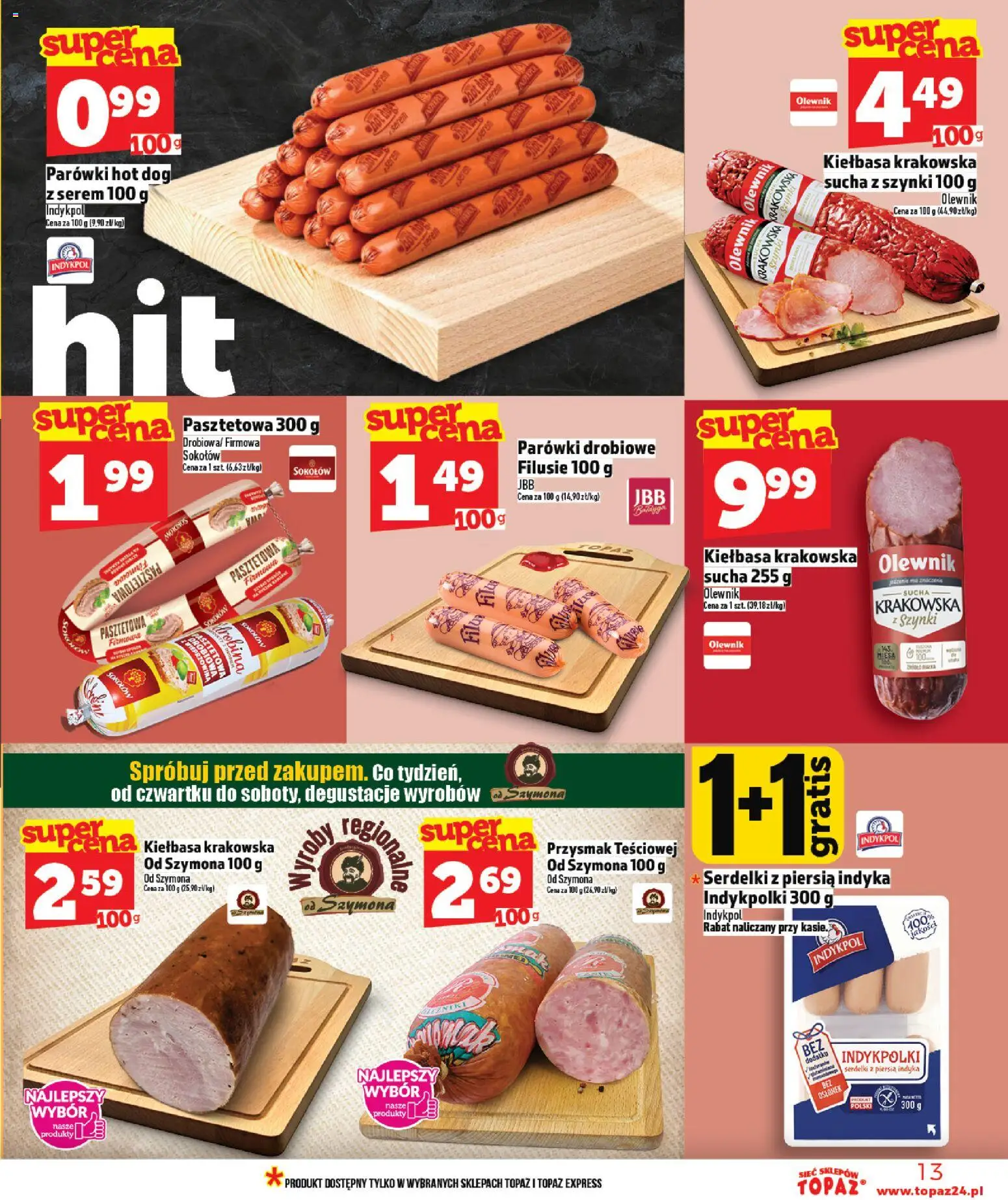 Topaz gazetka od 16.04.2026 | Strona: 13 | Produkty: Kiełbasa, Parówki, Kiełbasa krakowska