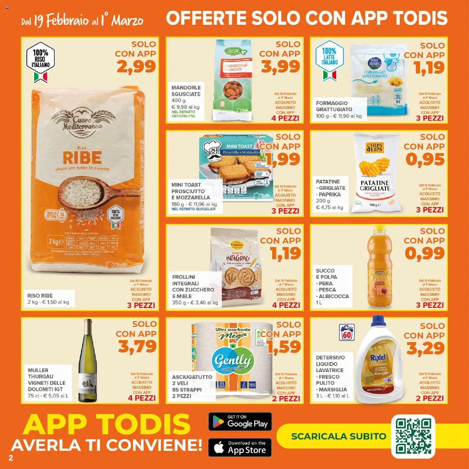 Volantino Todis del 19.02.2026 | Pagina: 2 | Prodotti: Sale, Latte, Prosciutto, Miele