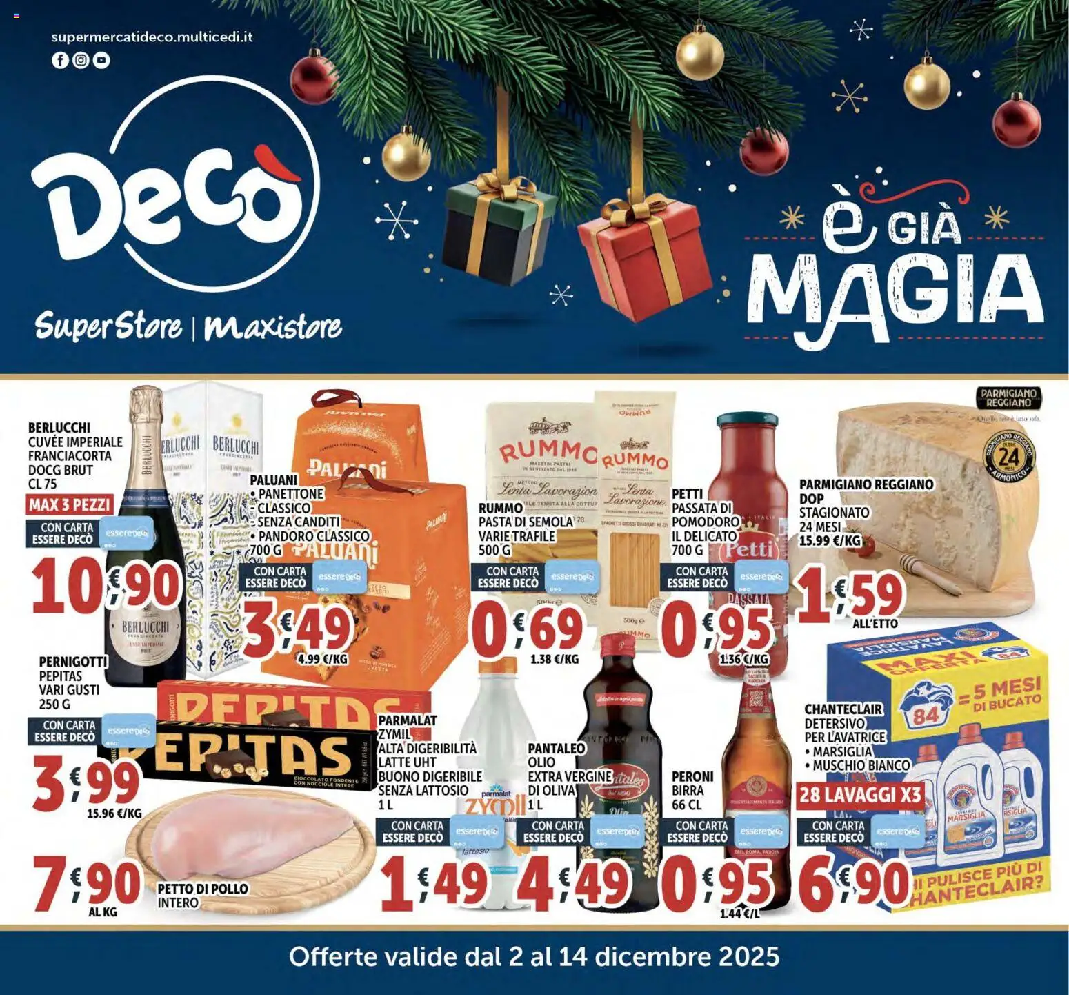 Volantino Decò del 02.12.2025 | Pagina: 1 | Prodotti: Pollo, Lavatrice, Panettone, Parmigiano reggiano