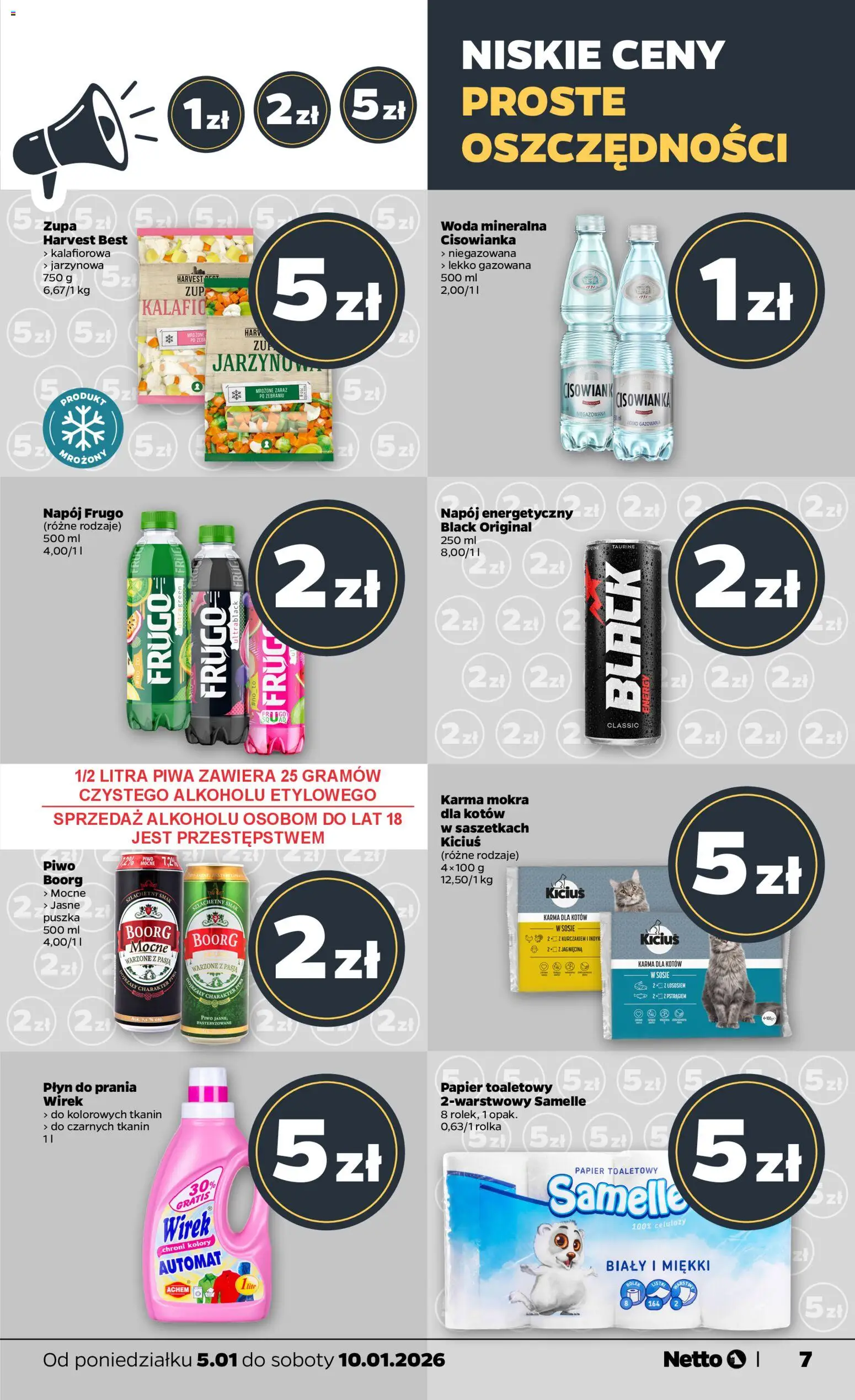 Netto gazetka - Spożywcza od 05.01.2026 | Strona: 7 | Produkty: Papier toaletowy, Karma dla kotów, Piwo, Woda