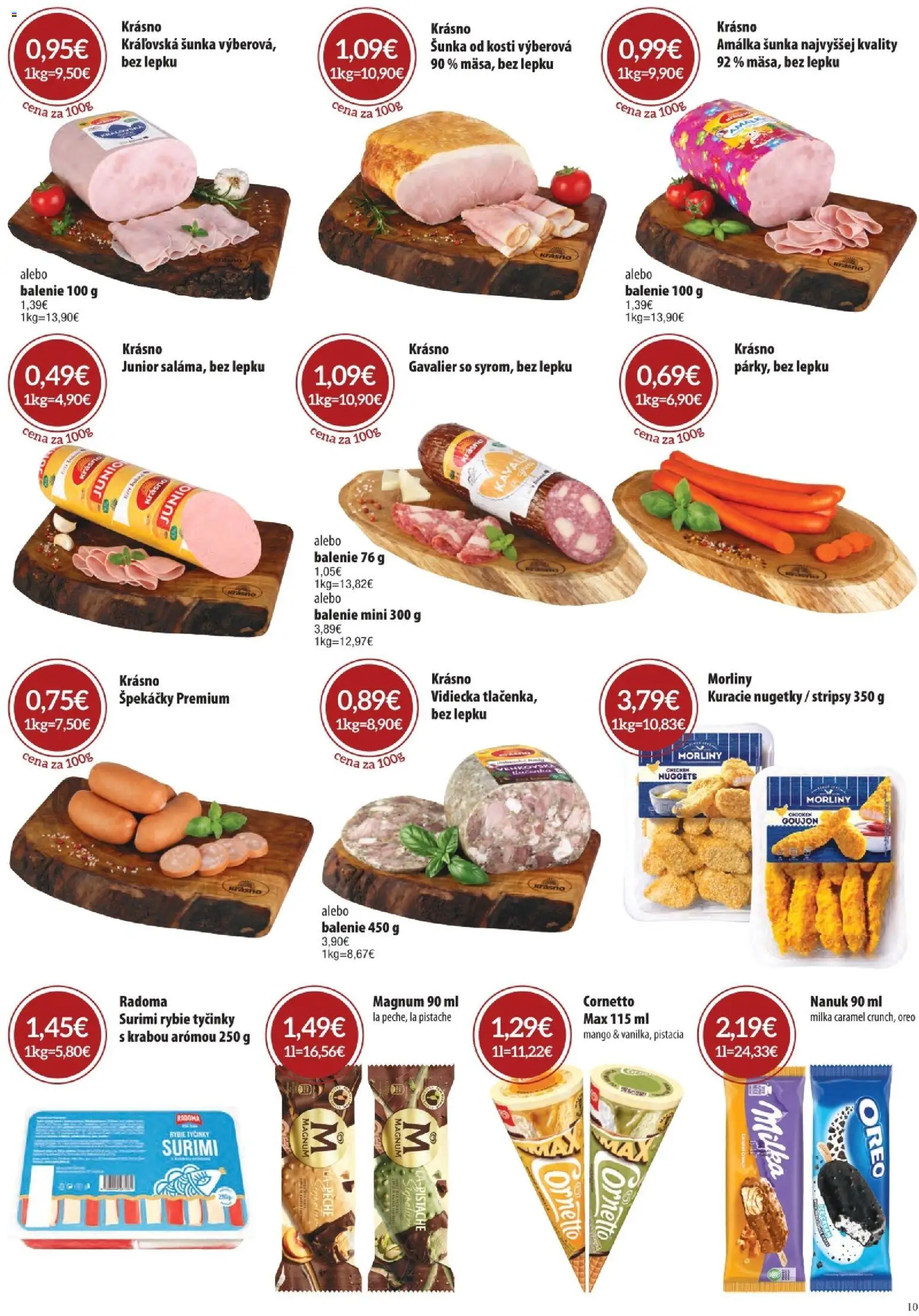 Nové CBA Komfos akcie – leták je platný od 07.05.2026 | Strana: 10 | Produkty: Šunka, Magnum, Milka, Mango