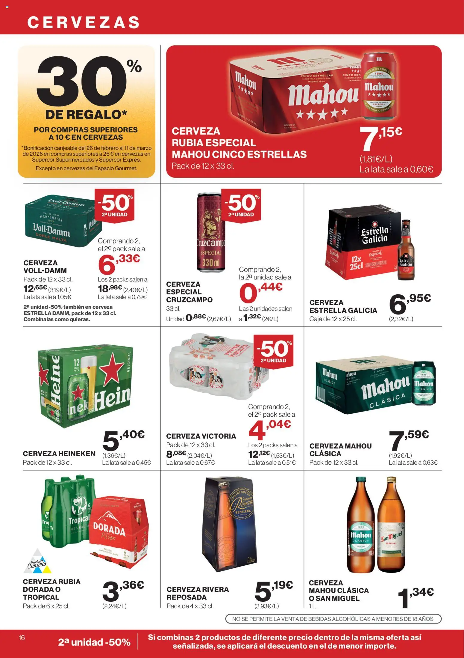 Supercor Canarias │ válido desde el 12.02.2026 | Página: 16 | Productos: Cerveza, Σπανάκι, Caja