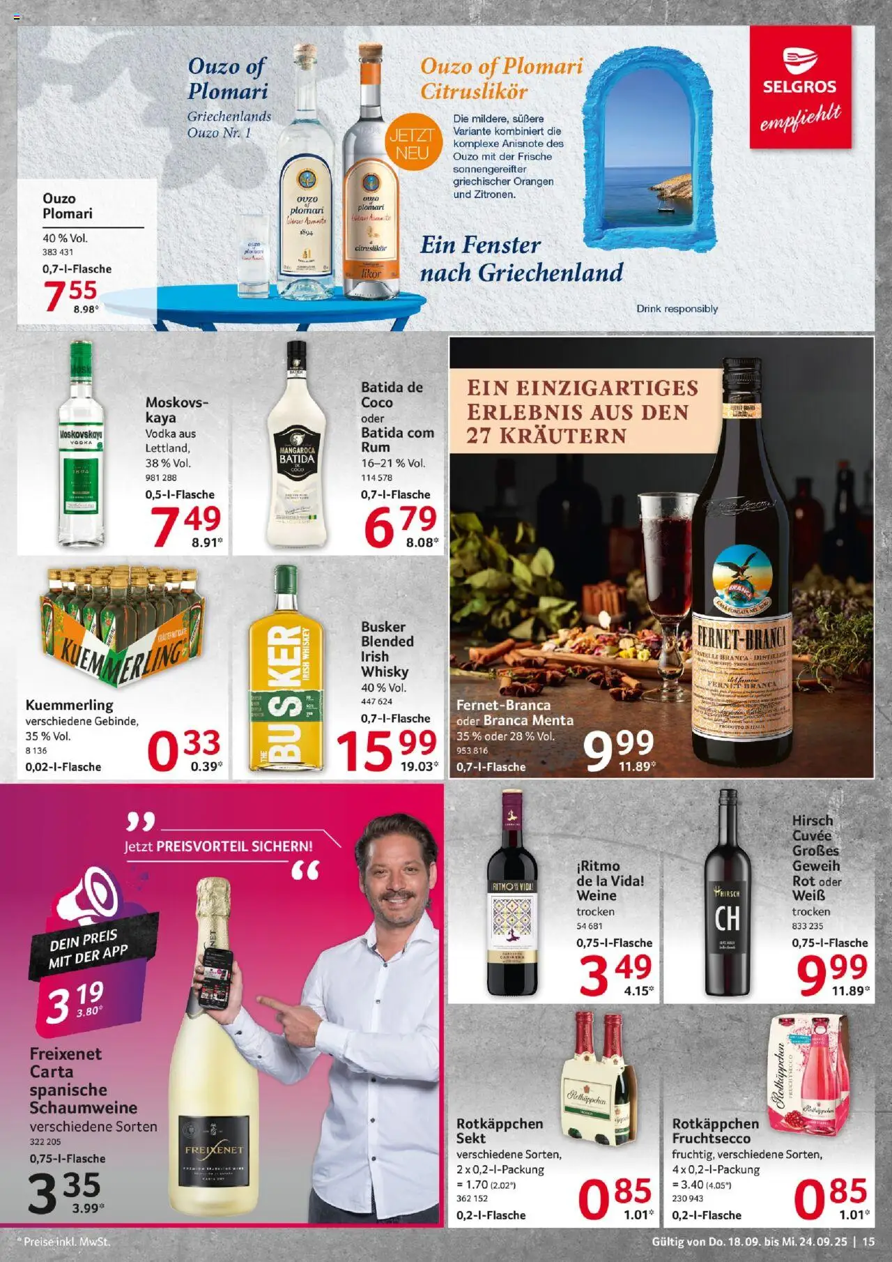 Selgros Prospekt 	 – gültig ab 18.09.2025 | Seite: 15 | Produkte: Ouzo, Likör, Fruchtsecco, Fernet branca