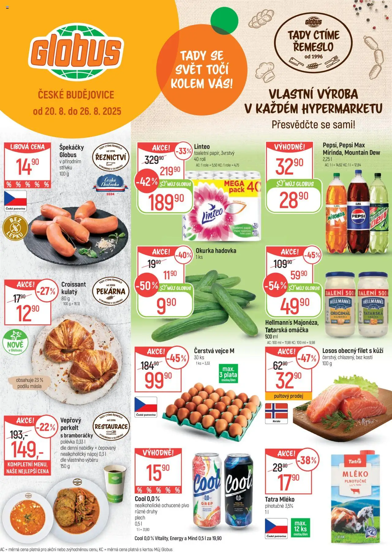 Globus leták - České Budějovice od 20.08.2025 | Strana: 1 | Produkty: Pivo, Pepsi, Mountain Dew, Mirinda