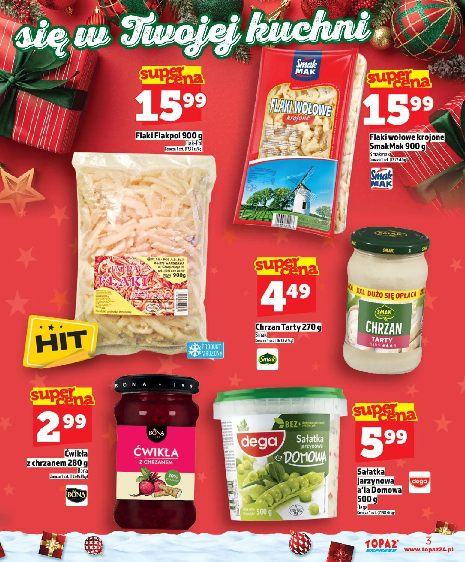 Topaz Gazetka - Express od 11.12.2025 | Strona: 3 | Produkty: Chrzan, Flaki, Flaki wołowe, Sałatka