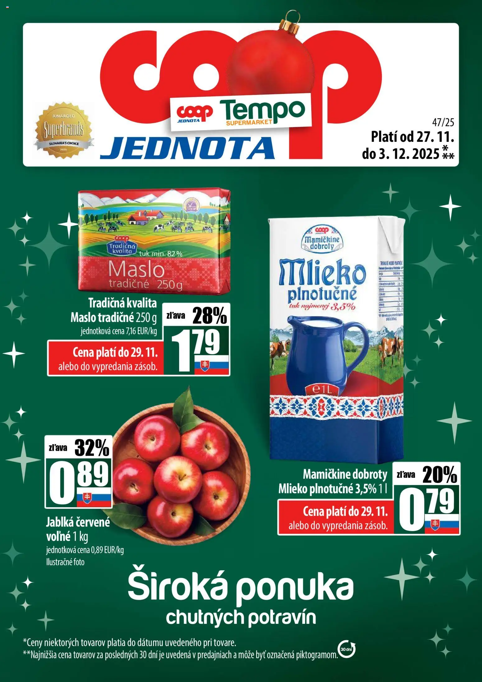 Nové COOP Jednota akcie – leták je platný od 27.11.2025 | Strana: 1 | Produkty: Maslo, Mlieko, Jablká