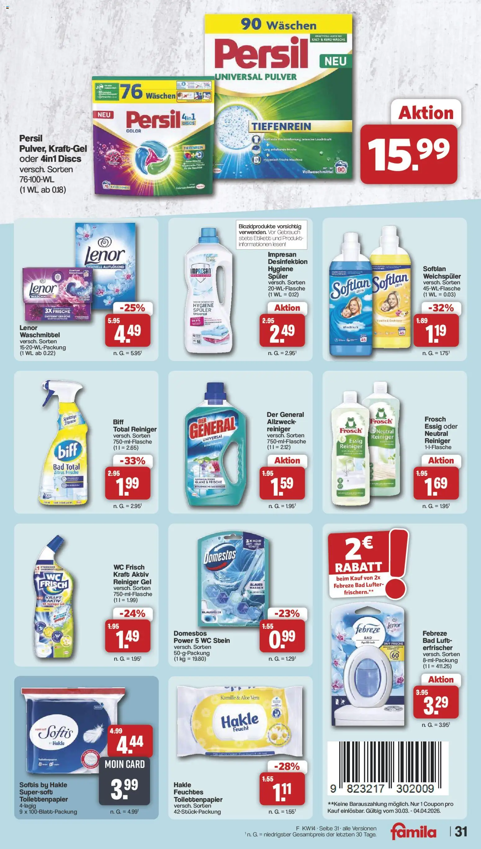 Famila Nordwest Prospekt 	 – gültig ab 30.03.2026 | Seite: 32 | Produkte: Essig, WC Stein, Toilettenpapier, Feuchtes Toilettenpapier