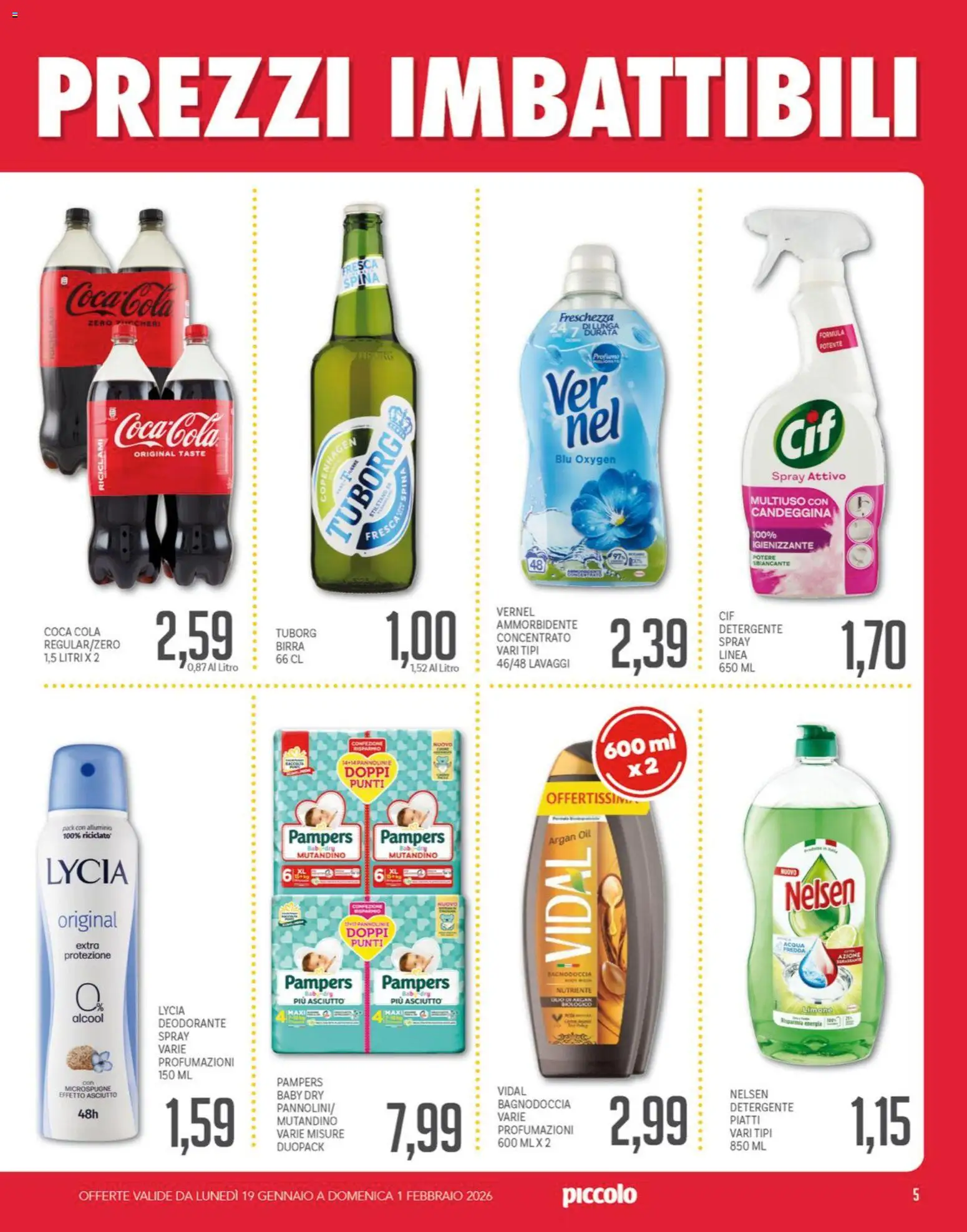 Volantino Piccolo del 19.01.2026 | Pagina: 5 | Prodotti: Ammorbidente, Candeggina, Limone, Coca Cola