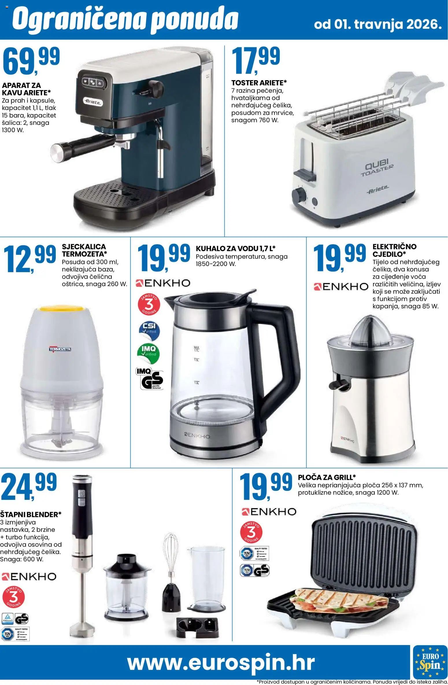 Eurospin katalog | vrijedi od 01.04.2026 | Stranica: 15 | Proizvodi: Kuhalo za vodu, Toster, Sjeckalica, Šalica
