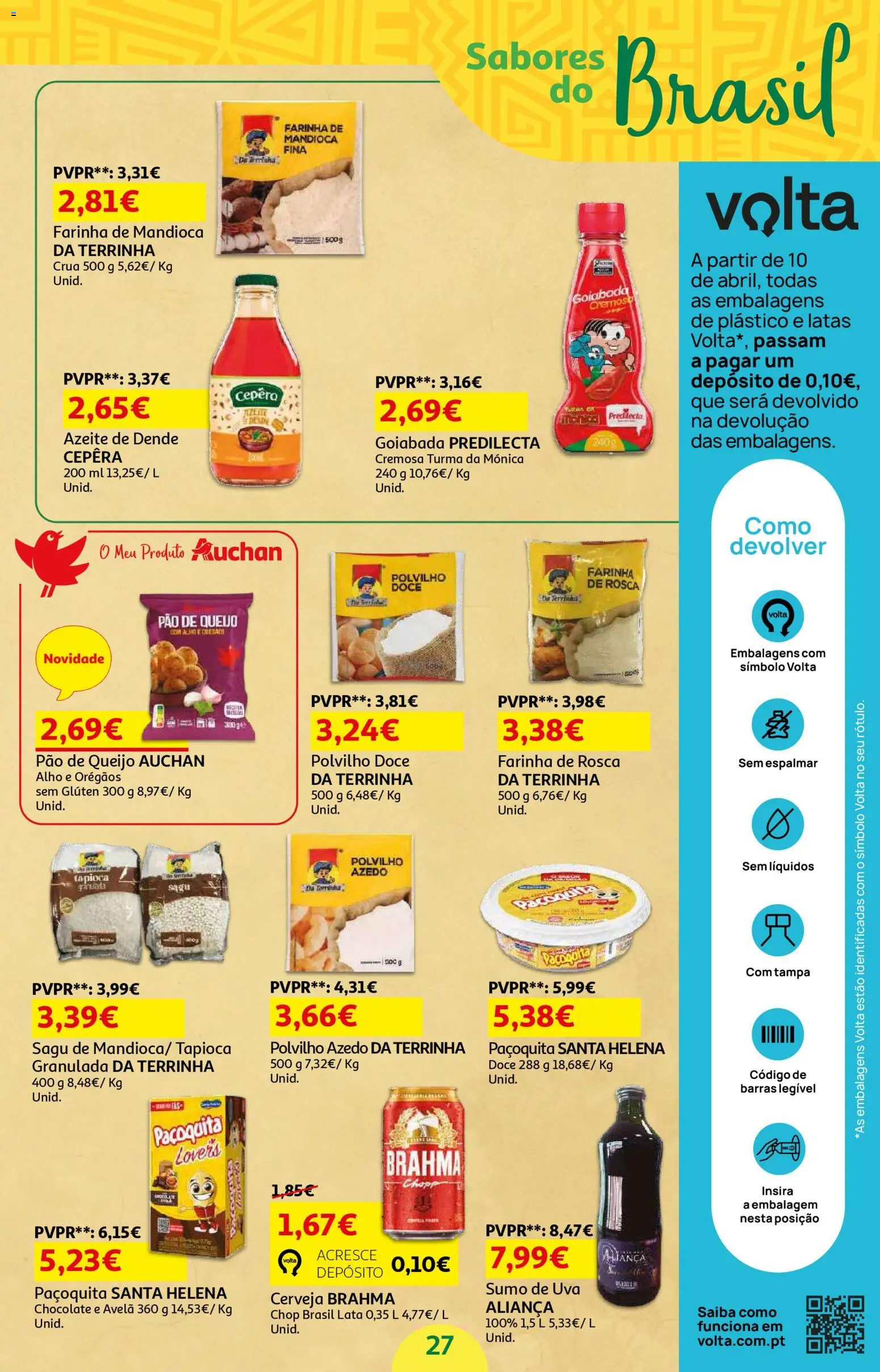 Auchan - Beleza Interiores Spring │ válido de 21.04.2026 | Página: 27 | Produtos: Tapioca, Pão de queijo, Aliança, Sumo