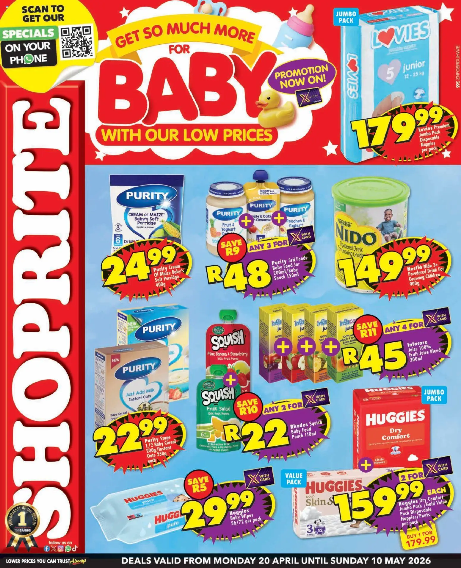 New Shoprite catalogue – valid from 20.04.2026 | Page: 1 | Products: Milk, Oats, Cream, Nappies