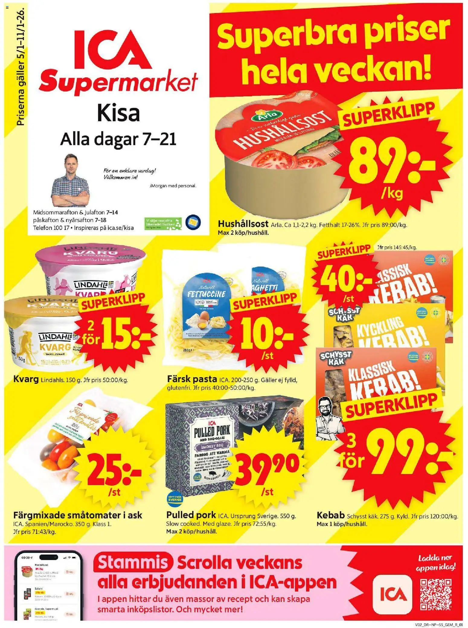 ICA Supermarket reklamblad aktuell från 05.01.2026 | Sida: 1 | Produkter: Gem, Hushållsost, Telefon, Kvarg