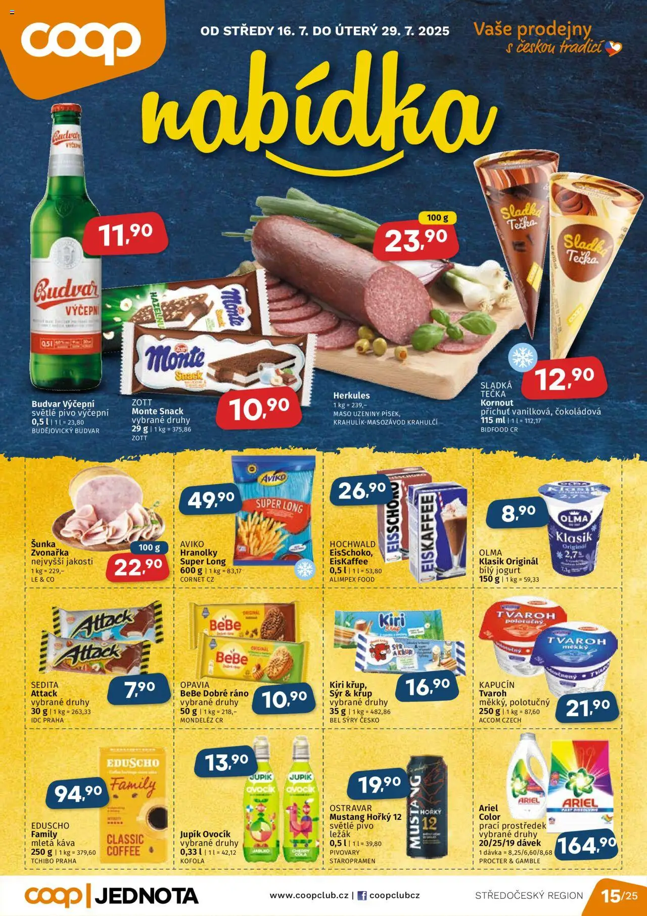 Coop leták - Středočeský region od 16.07.2025 | Strana: 1 | Produkty: Budvar, Jogurt, Káva, Ariel