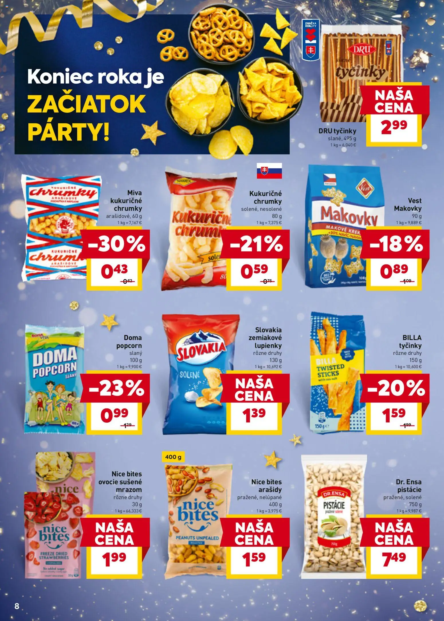 Nové Billa akcie – leták je platný od 27.12.2025 | Strana: 8 | Produkty: Arašidy, Pistácie, Ovocie