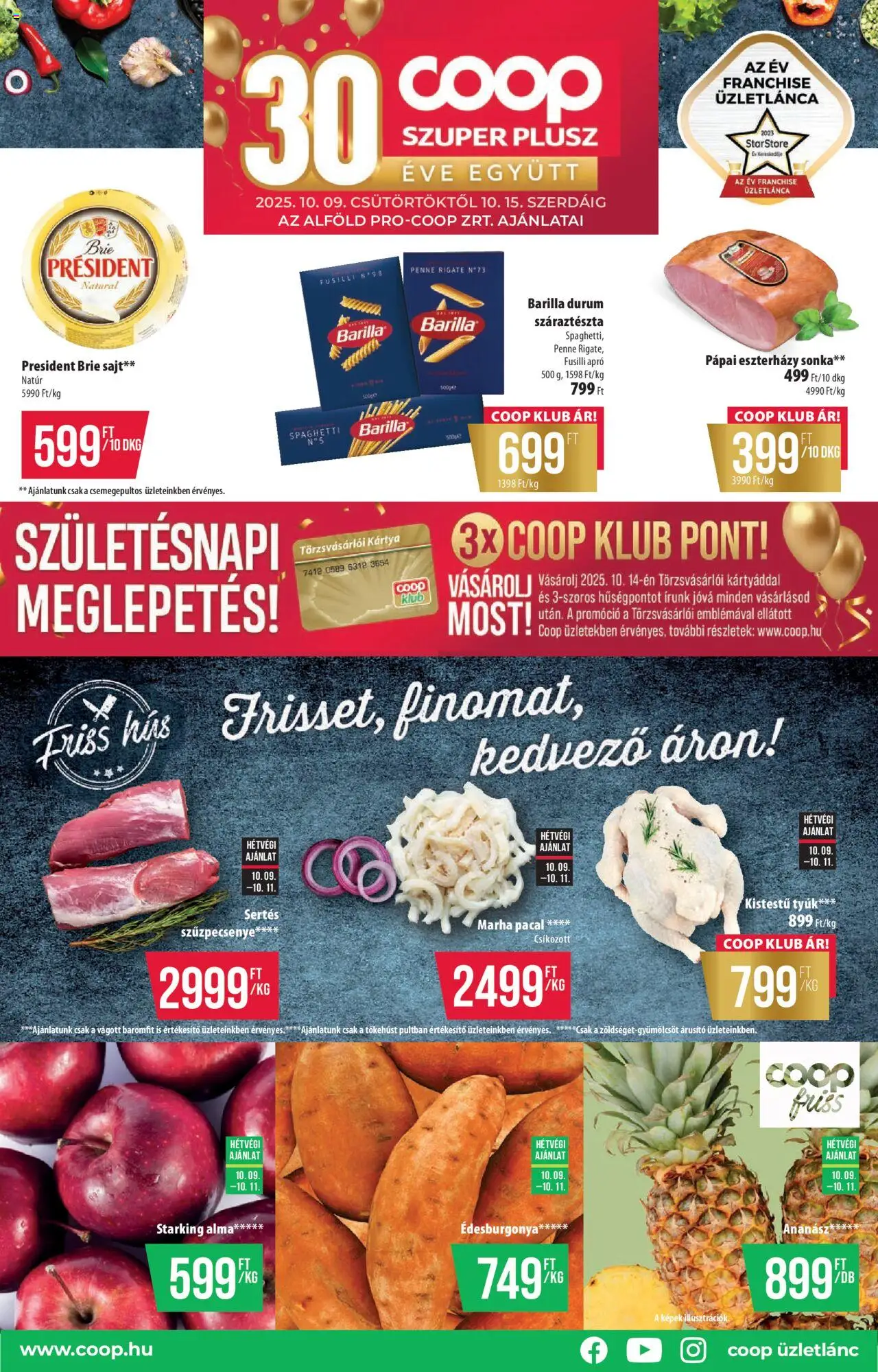 COOP akciós ujság - amely érvényes a következő dátumtól: 09.10.2025 | Oldal: 1 | Termékek: Penne, Alma, Ananász, Száraztészta