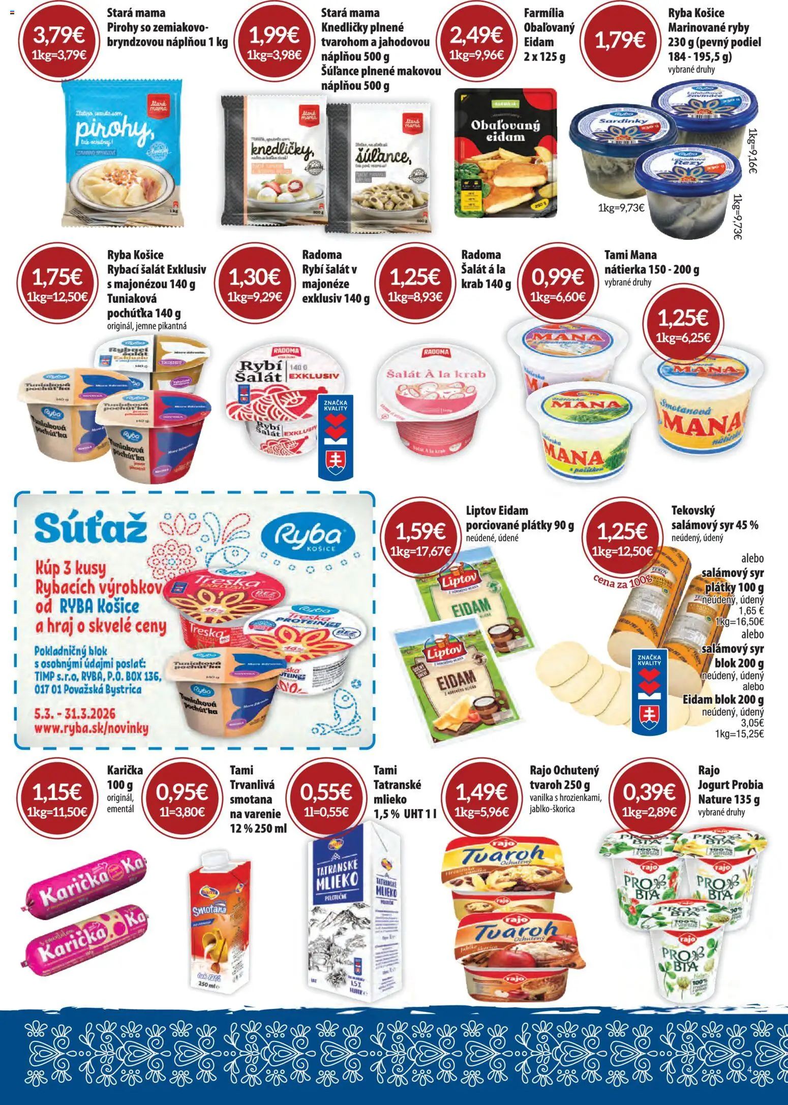 Nové CBA Komfos akcie – leták je platný od 05.03.2026 | Strana: 4 | Produkty: Pirohy, Smotana, Ryba, Treska