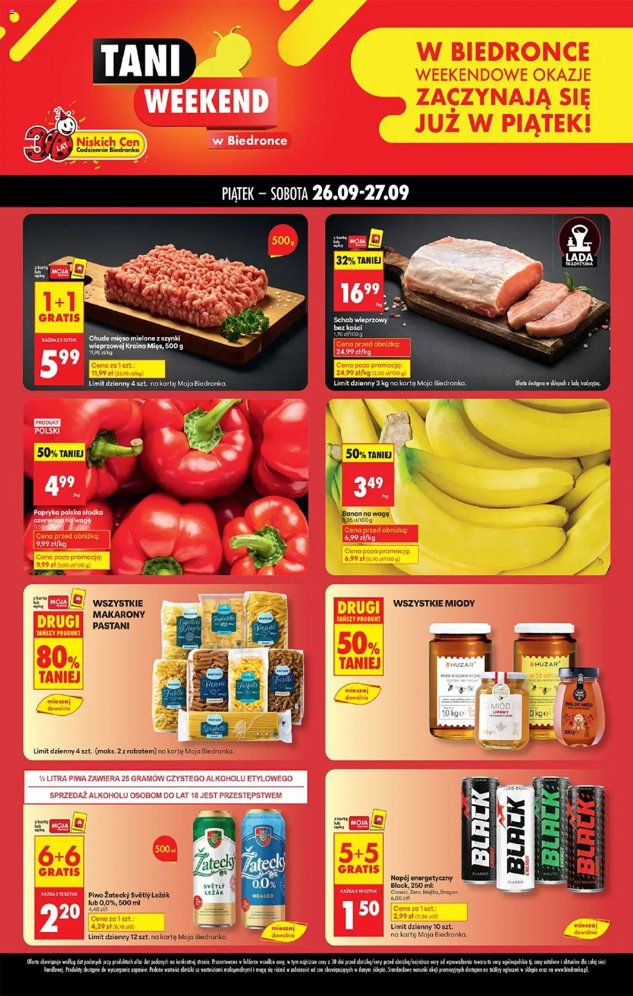 Biedronka gazetka - Tani weekend od 26.09.2025 | Strona: 1 | Produkty: Mięso mielone z szynki, Kraina mięs, Schab wieprzowy, Schab wieprzowy bez kości