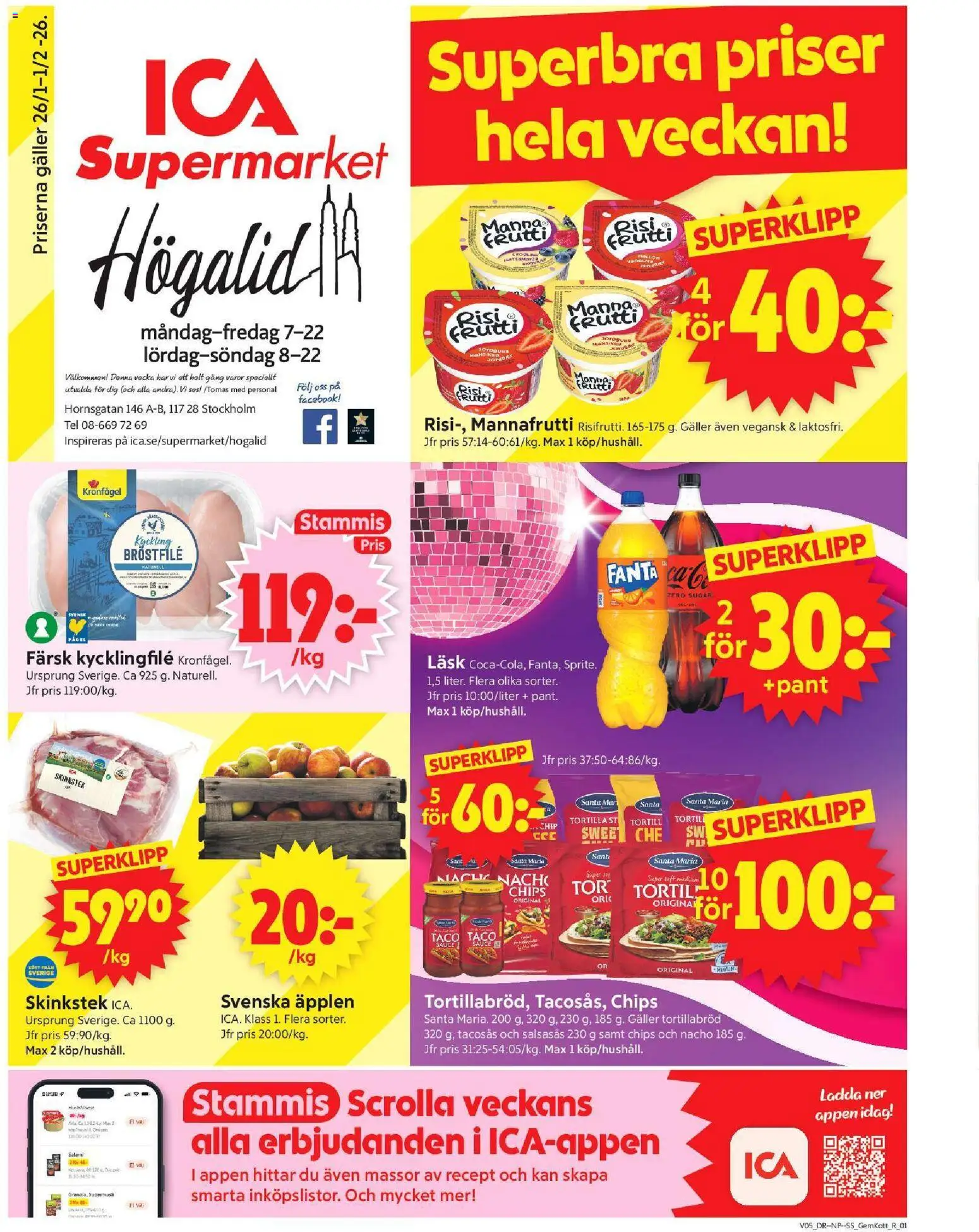 ICA Supermarket reklamblad aktuell från 26.01.2026 | Sida: 1 | Produkter: Tacosås, Galler, Salami, Äpplen