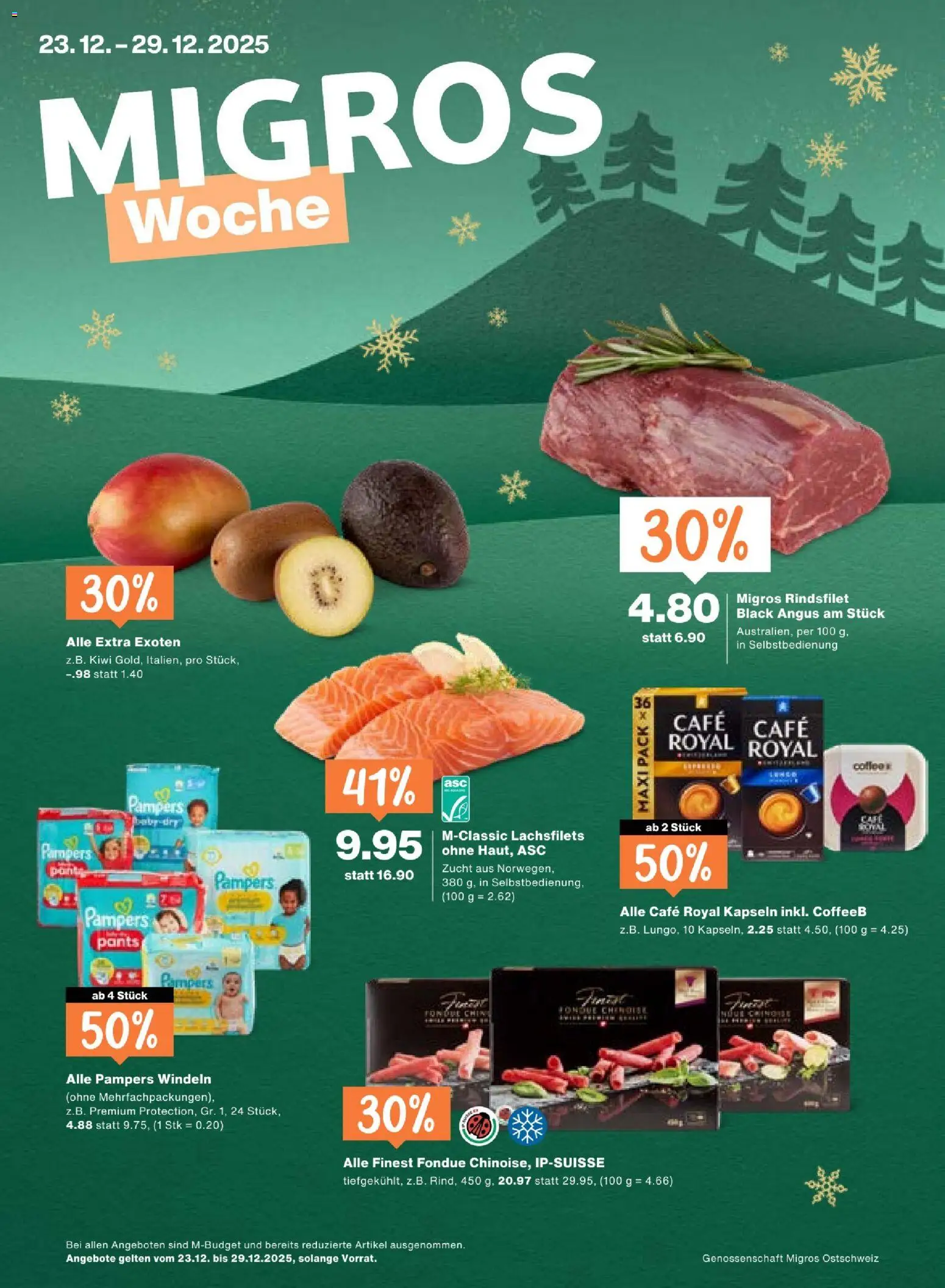 Migros Aktionen – gültig ab 23.12.2025 | Seite: 1 | Produkte: Kiwi, Fondue, Pampers