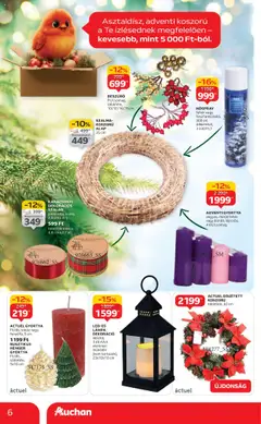 Auchan - Hipermarket karácsonyi dekoráció ajánlataink - amely érvényes a következő dátumtól: 16.10.2025 | Oldal: 6 | Termékek: Adventi koszorú, Lámpa, Ledes lámpa, Dekoráció