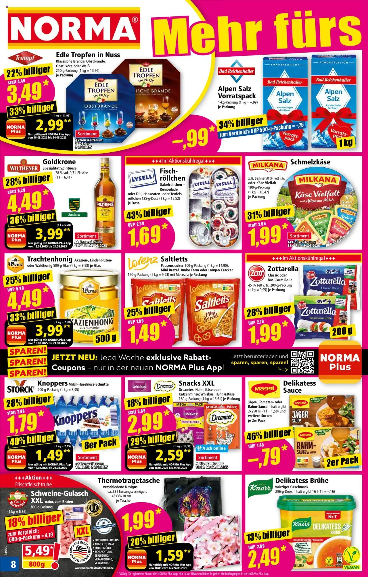 Norma Prospekt 	 - gültig ab dem 18.08.2025 | Seite: 8 | Produkte: Tasche, Käse, Sahne, Whiskas