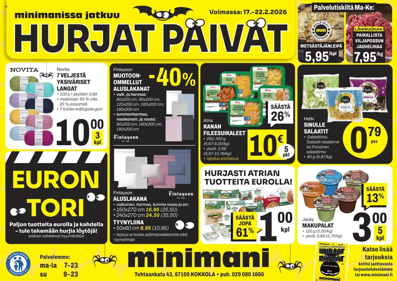 Minimani Tarjoukset - Kokkola – voimassa 17.02.2026 alkaen | Sivu: 1 | Tuotteet: Aluslakana, Pippuri, Hunaja, Tyynyliina