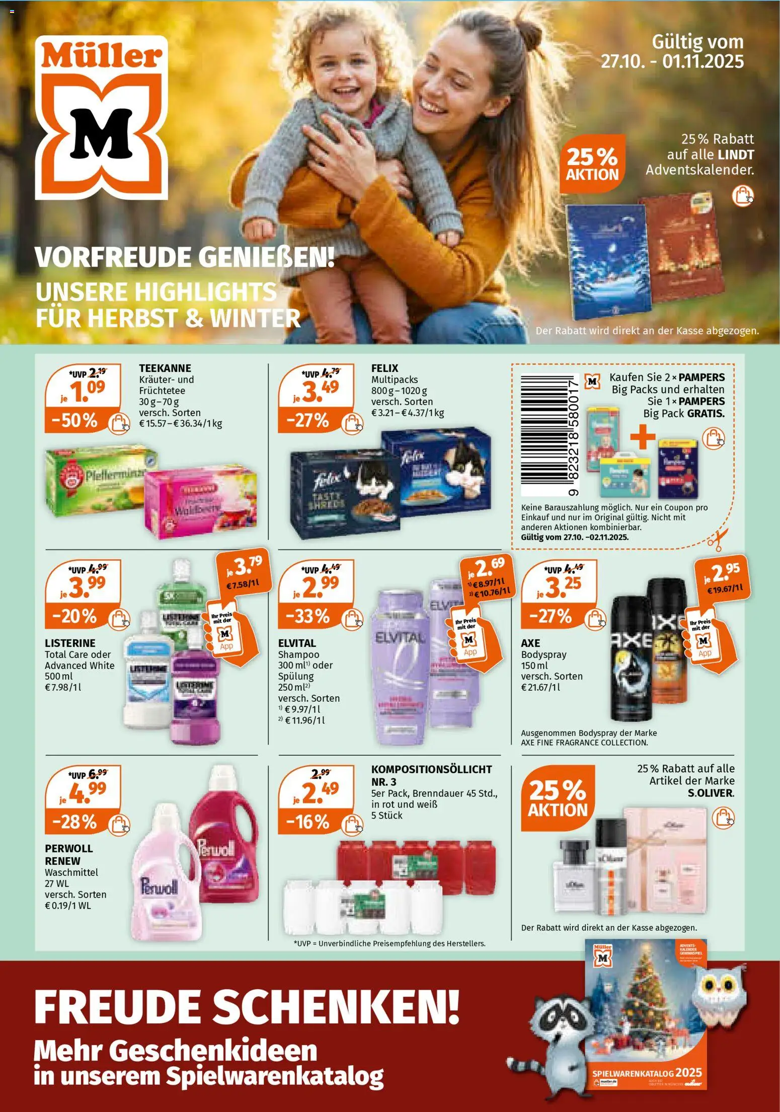 Müller Prospekt 	 – gültig ab 27.10.2025 | Seite: 1 | Produkte: Perwoll, Shampoo, Waschmittel, Axe