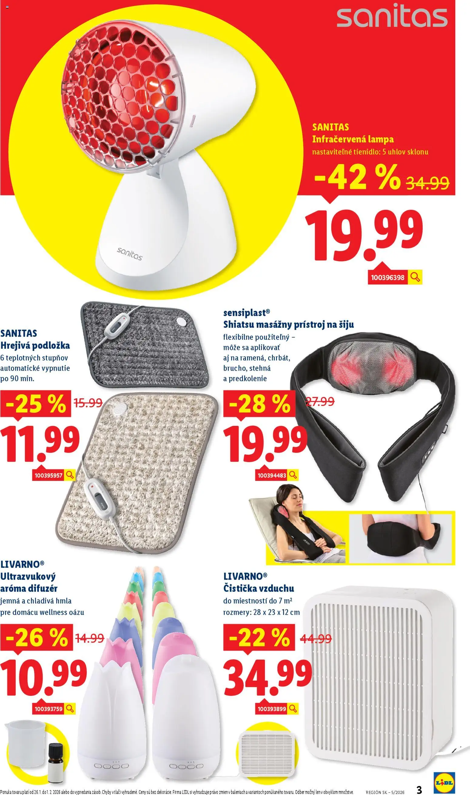 Nové Lidl akcie – leták je platný od 26.01.2026 | Strana: 3 | Produkty: Čistička vzduchu, Masážny prístroj, Difúzer, Lampa
