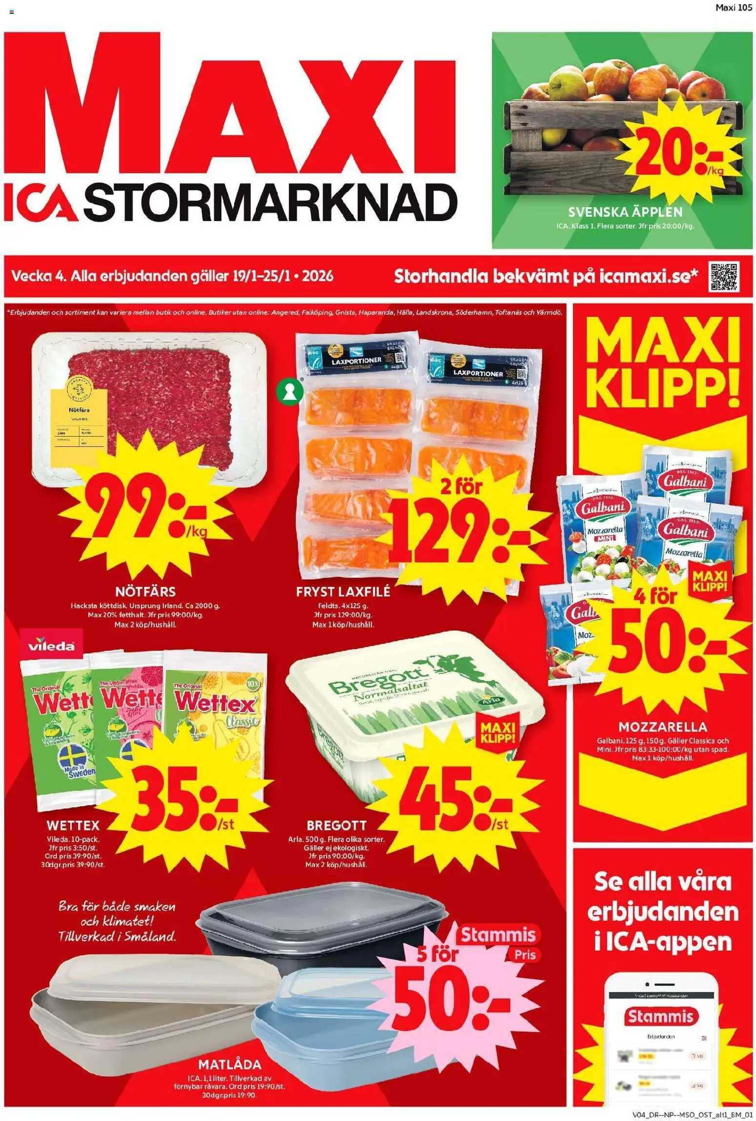 ICA Maxi reklamblad aktuell från 19.01.2026 | Sida: 1 | Produkter: Nötfärs, Galler, Bregott, Matlåda