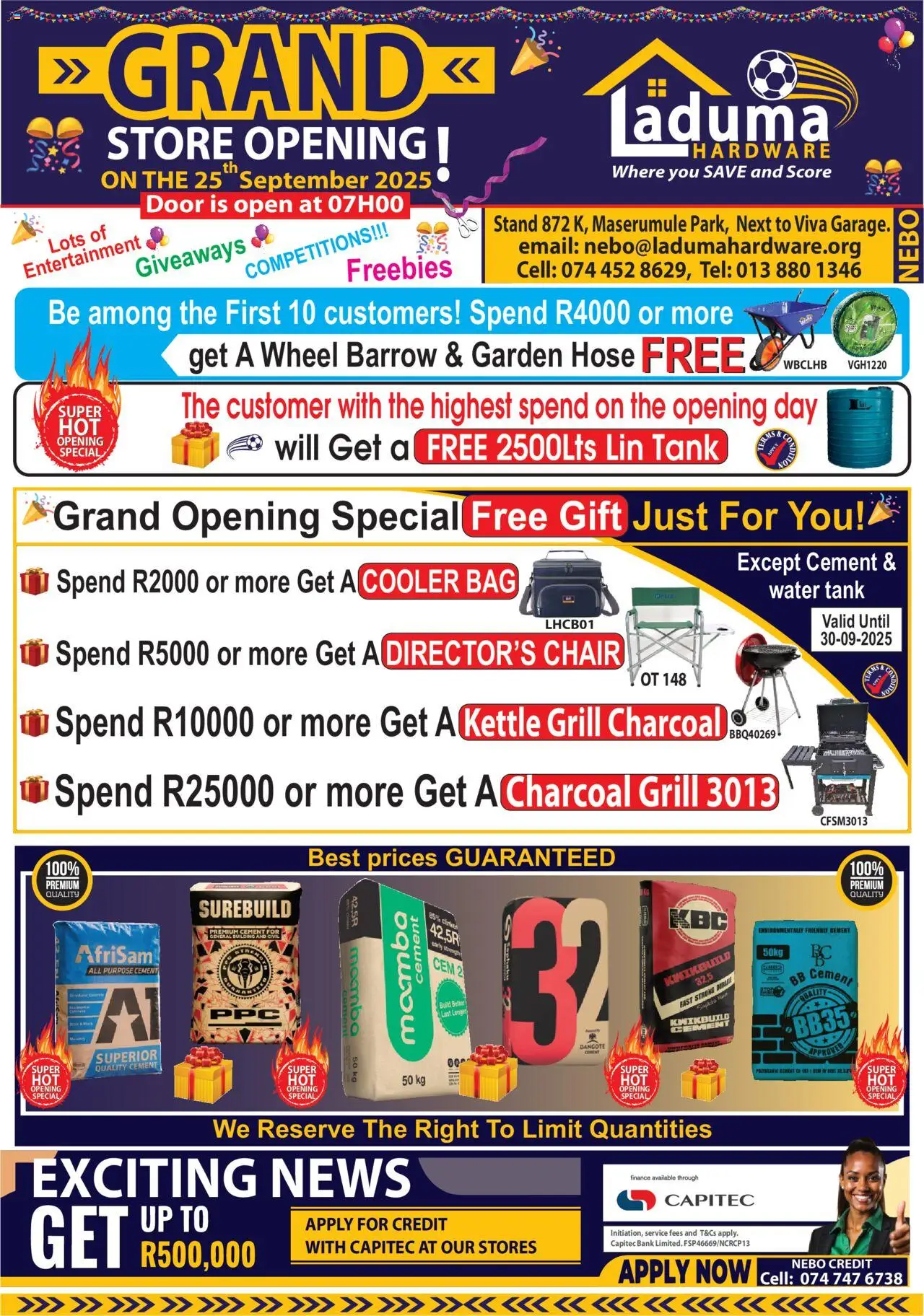 New Laduma Hardware catalogue – valid from 25.09.2025 | Page: 1 | Products: Kettle, Cooler, Garden hose, Cement