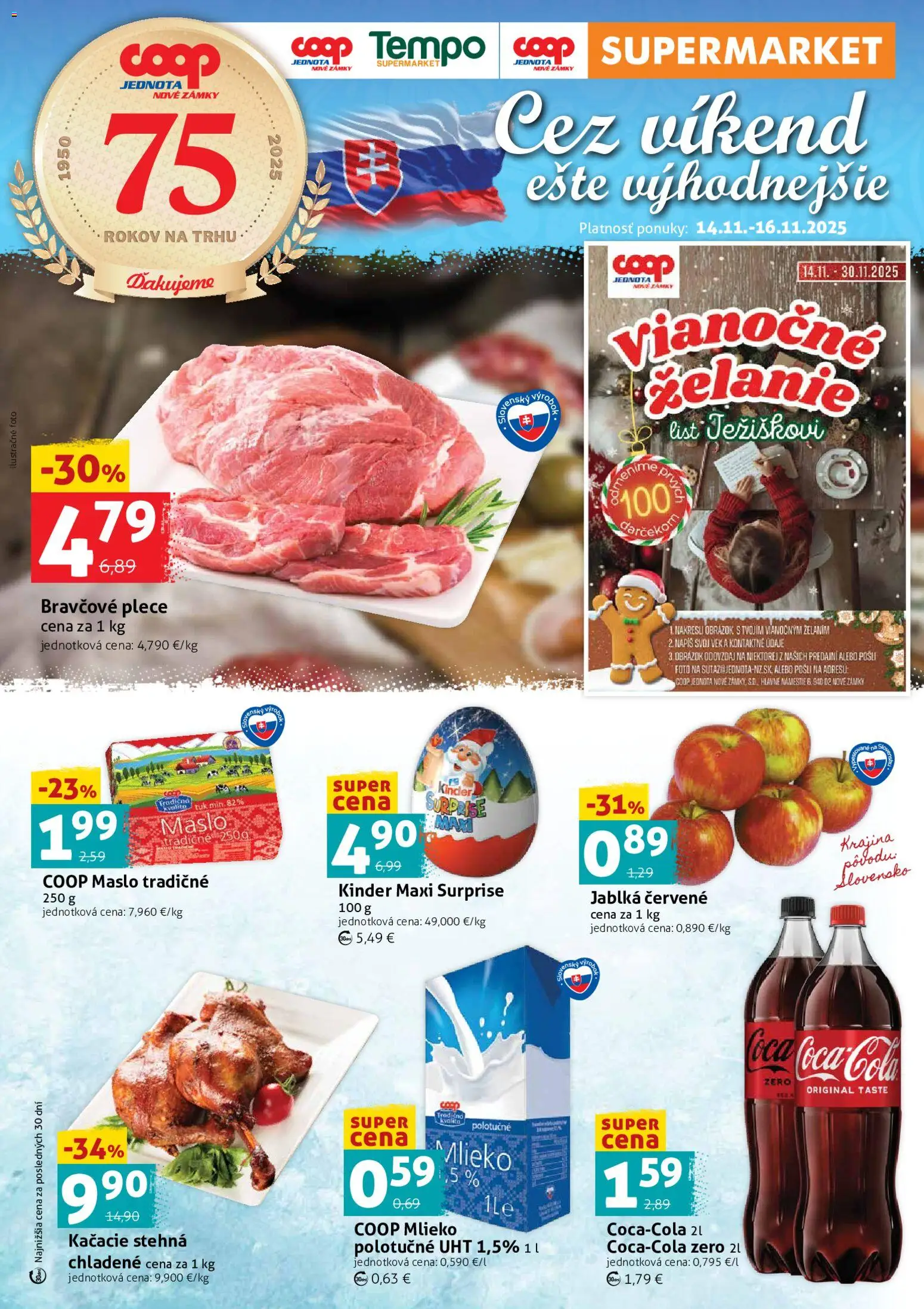 Nové COOP Jednota akcie – leták je platný od 14.11.2025 | Strana: 1 | Produkty: Maslo, Mlieko, Kačacie stehná, Bravčové plece