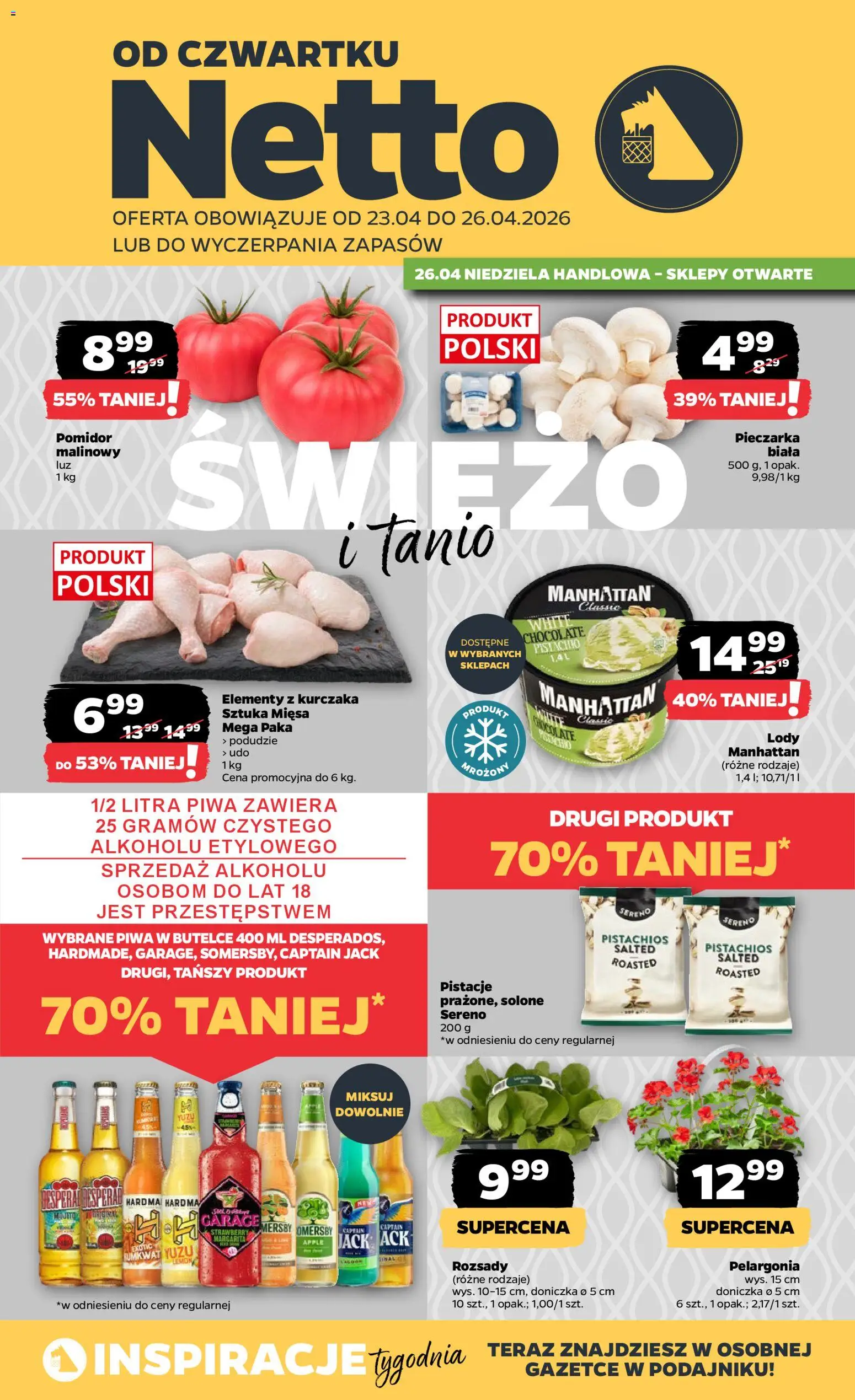 Netto gazetka od czwartku spożywcza od 23.04.2026 | Strona: 1 | Produkty: Doniczka, Lody