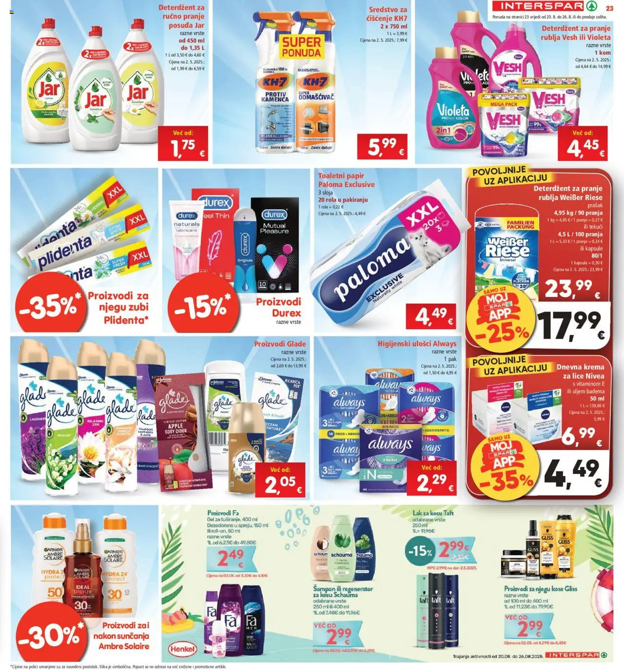 Interspar katalog | vrijedi od 20.08.2025 | Stranica: 23 | Proizvodi: Šampon, Dezodorans, Toaletni papir, Jar