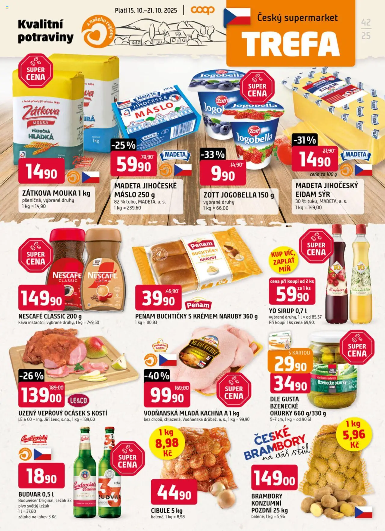 Trefa leták od 15.10.2025 | Strana: 1 | Produkty: Zátkova mouka, Yo sirup, Brambory, Kachna