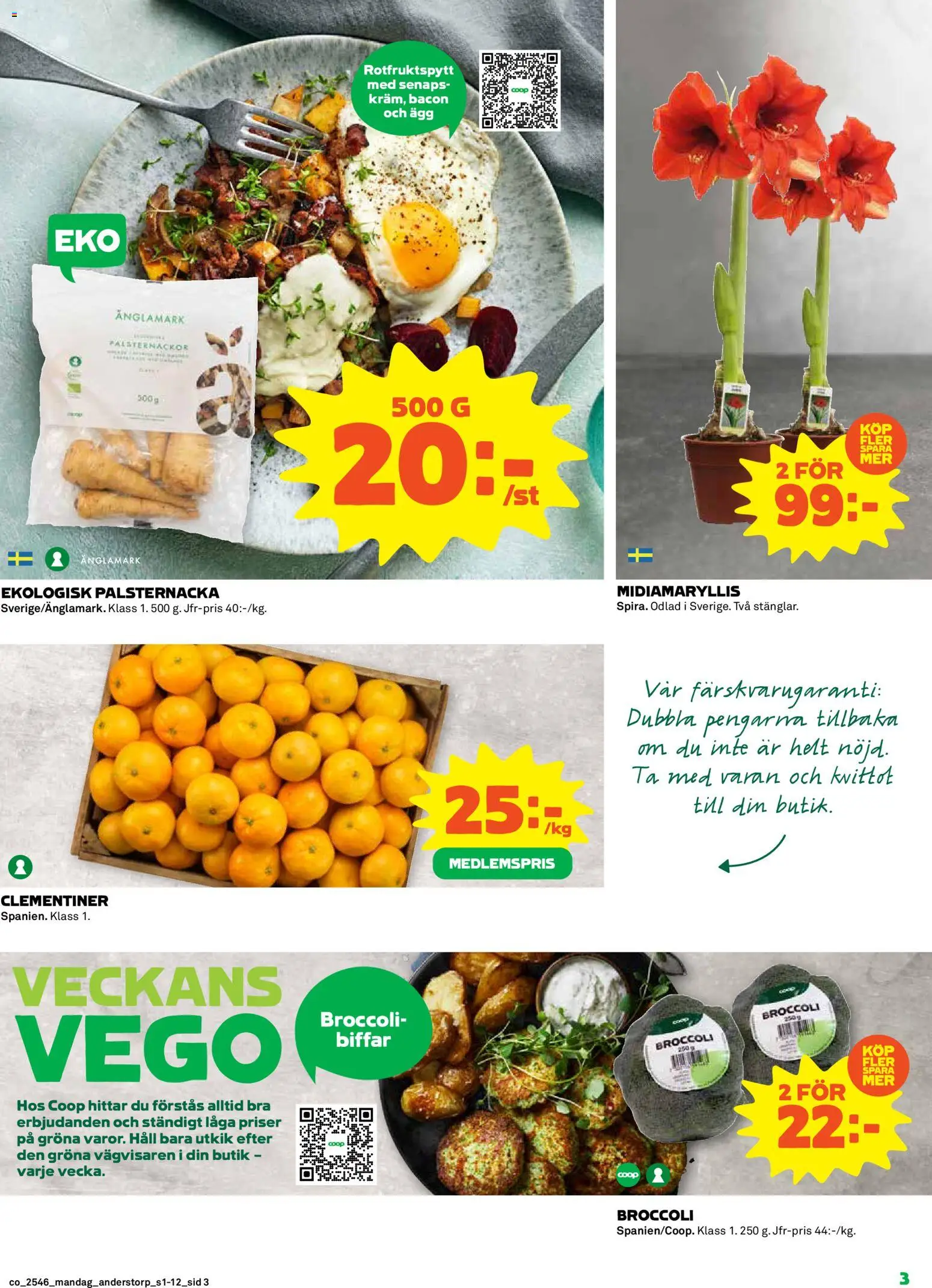 Coop reklamblad aktuell från 10.11.2025 | Sida: 3 | Produkter: Bacon, Ägg, Broccoli, Häll