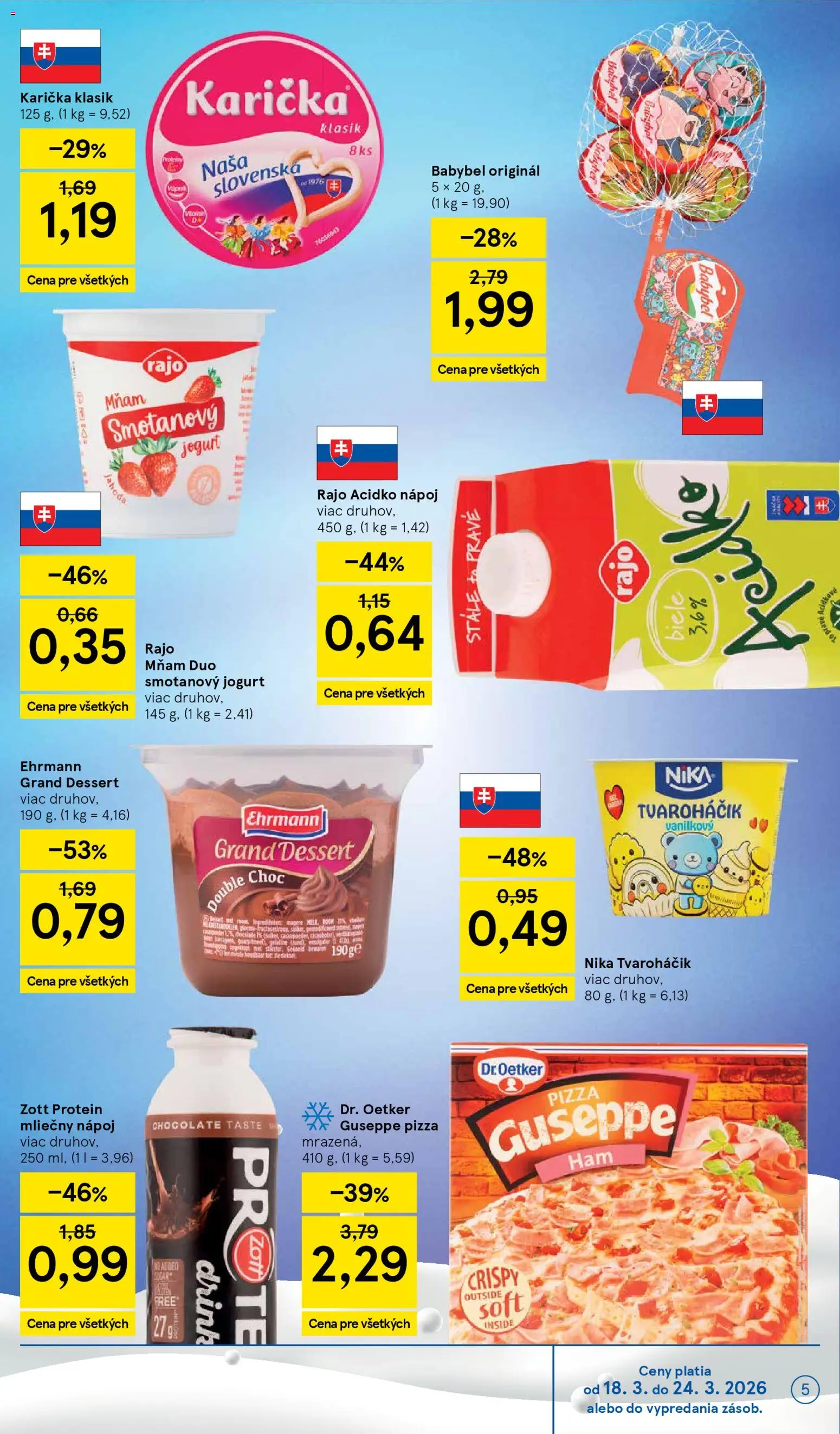 Nové Tesco akcie – leták je platný od 18.03.2026 | Strana: 5 | Produkty: Jogurt, Pizza, Protein, Acidko