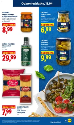 Pogląd oferty "ALBERTO POIATTI Makaron anelli siciliani lub spaghetti, 1 kg" - ważna od 13.04.2026 | Strona: 43 | Produkty: Oliwa z oliwek, Kapary, Papryka, Makaron