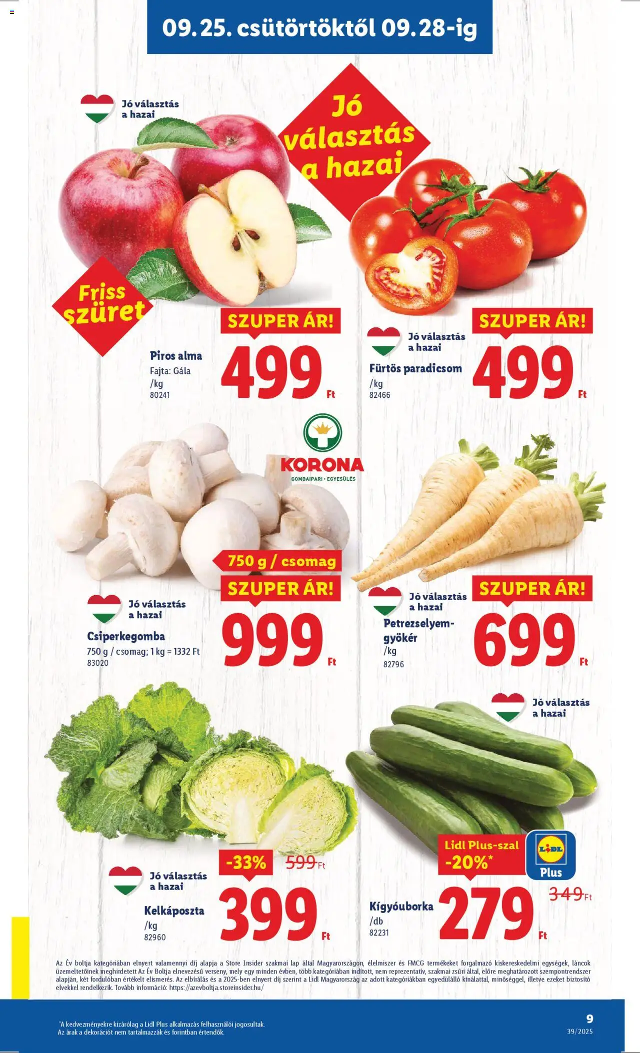 Lidl akciós ujság - amely érvényes a következő dátumtól: 25.09.2025 | Oldal: 9 | Termékek: Csiperkegomba, Kelkáposzta, Alma, Paradicsom