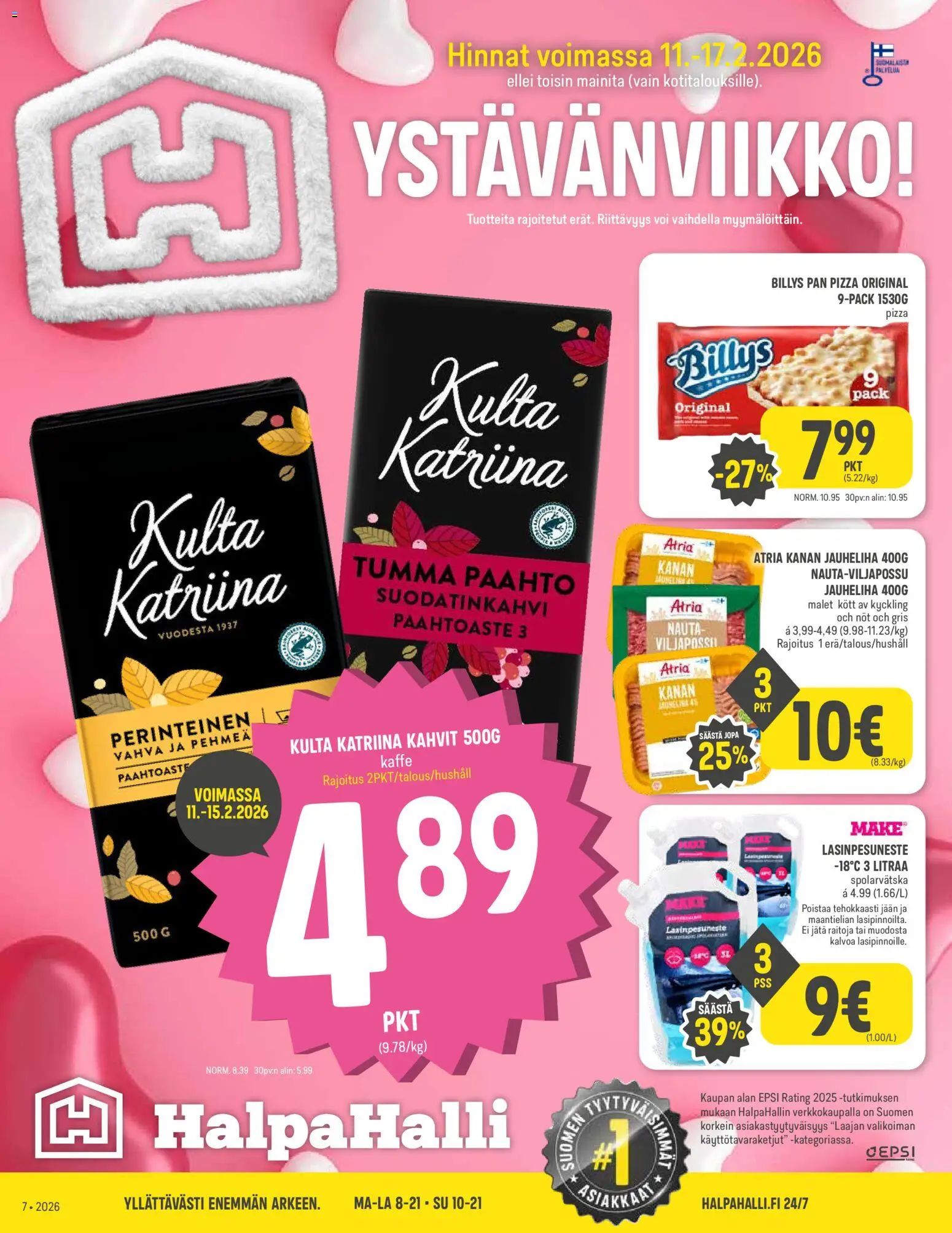 Halpa Halli tarjoukset – voimassa 11.02.2026 alkaen | Sivu: 1 | Tuotteet: Jauheliha, Voi, Pizza, Lasinpesuneste