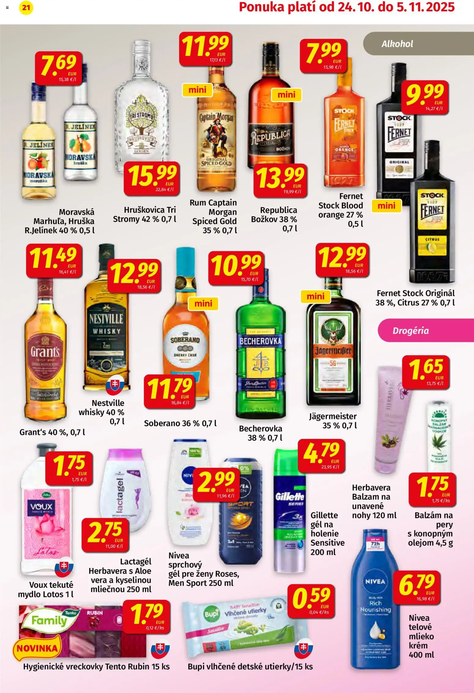 Nové Koruna akcie – leták je platný od 24.10.2025 | Strana: 21 | Produkty: Jägermeister, Nivea, Captain Morgan, Whisky