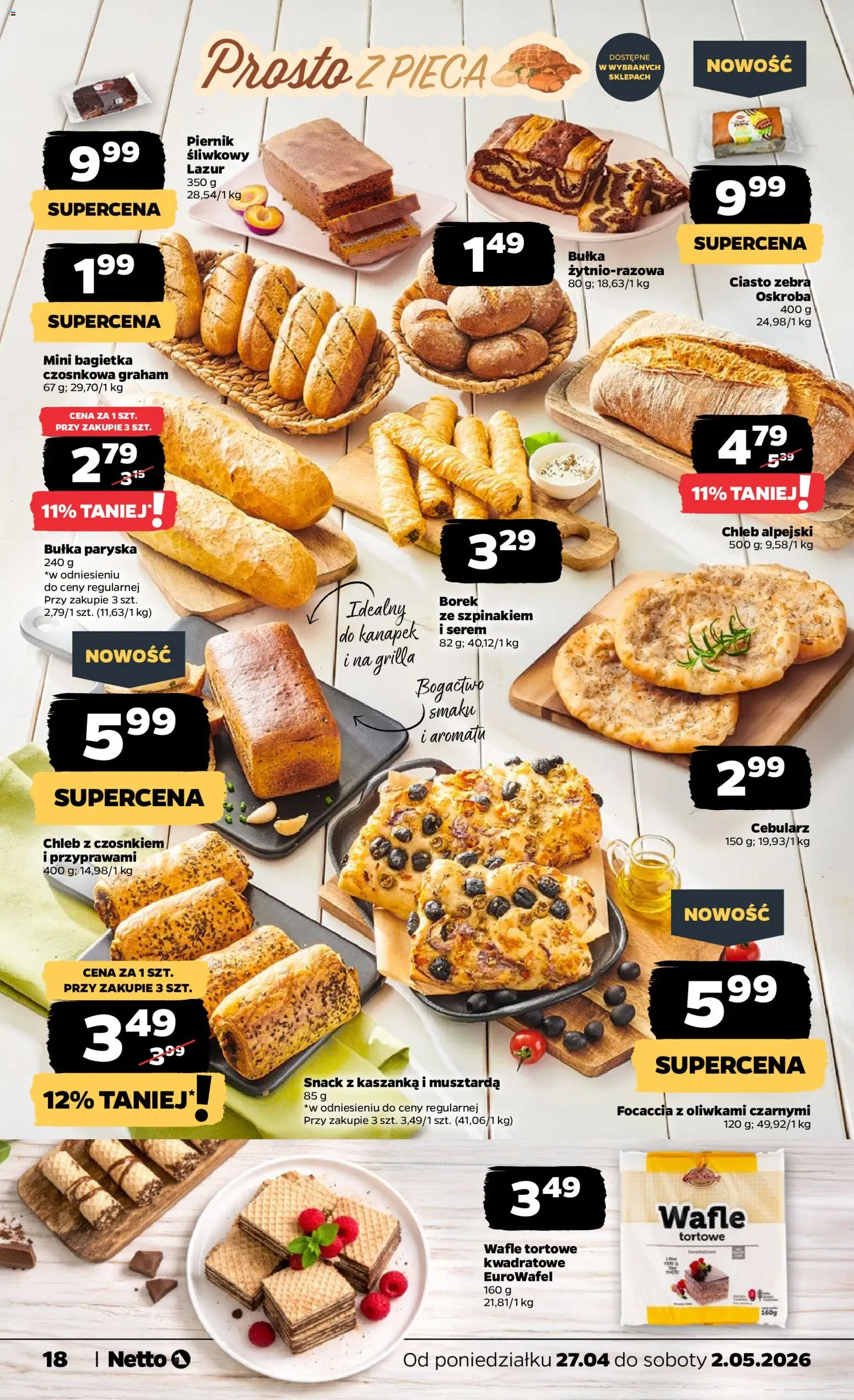 Netto gazetka od poniedziałku spożywcza od 27.04.2026 | Strona: 18 | Produkty: Wafle, Bagietka czosnkowa, Musztarda, Bułka